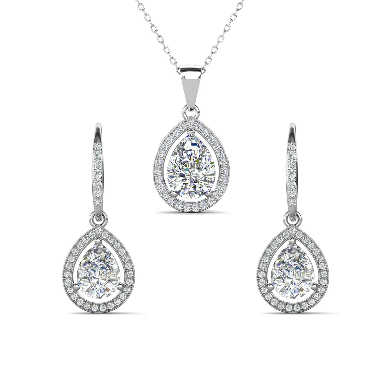 Isabel 18k White Gold Plated Drop Earrings and Necklace Jewelry Set with Simulated Diamond Crystals