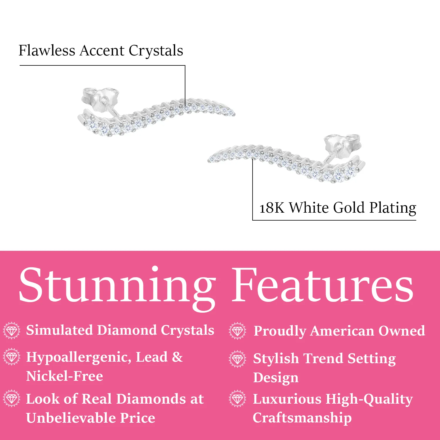Isabella 18k White Gold Plated Sterling Silver Ear Climber Earrings with Simulated Diamond Crystals