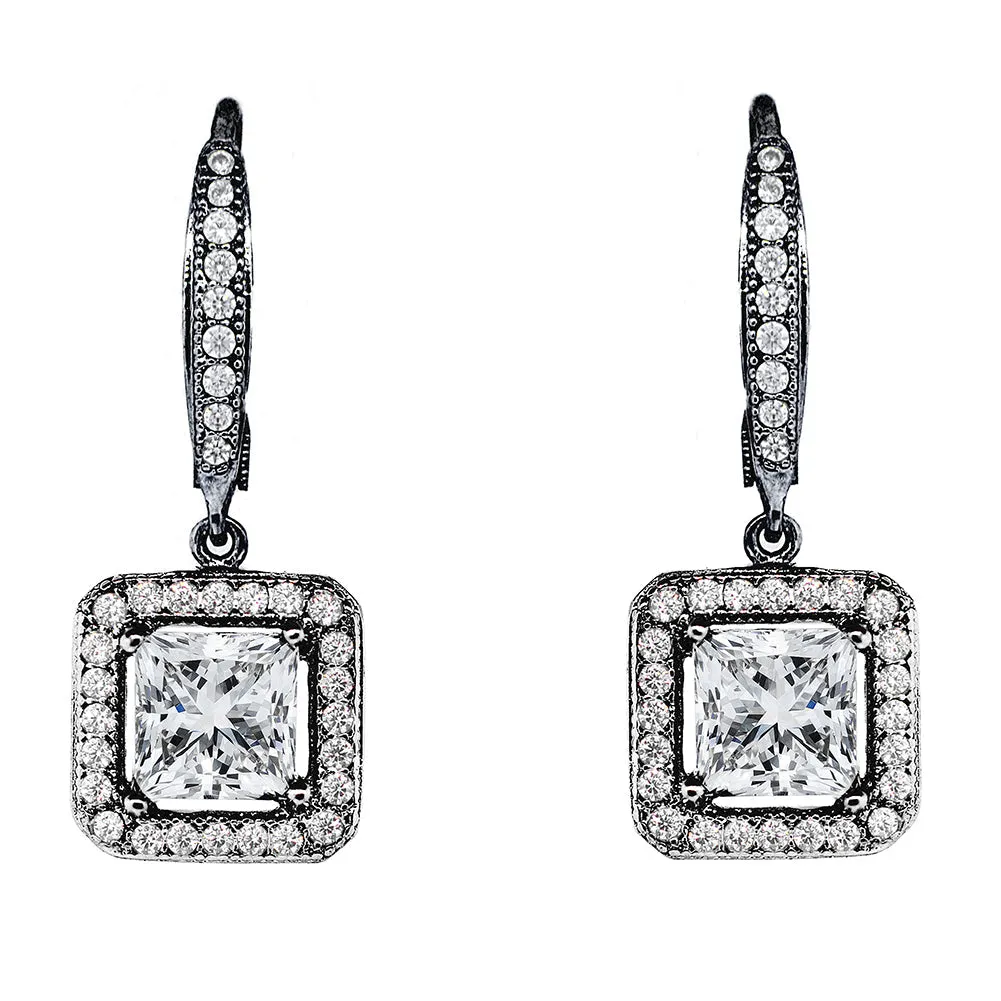 Ivy 18k White Gold Plated Halo Dangle Earrings with Princess Cut Simulated Diamond Crystals  Final Sale