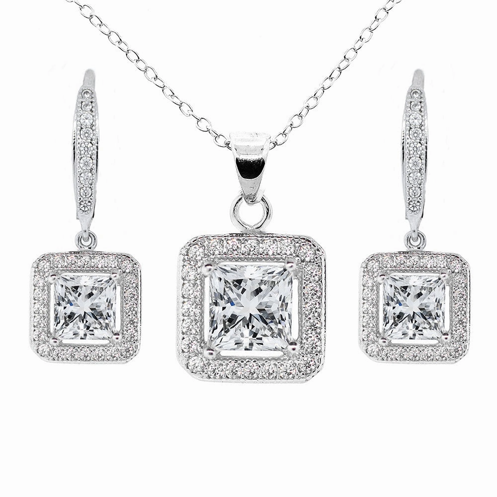 Ivy 18k White Gold Plated Dangle Earring and Necklace Jewelry Set with Simulated Diamond Crystals