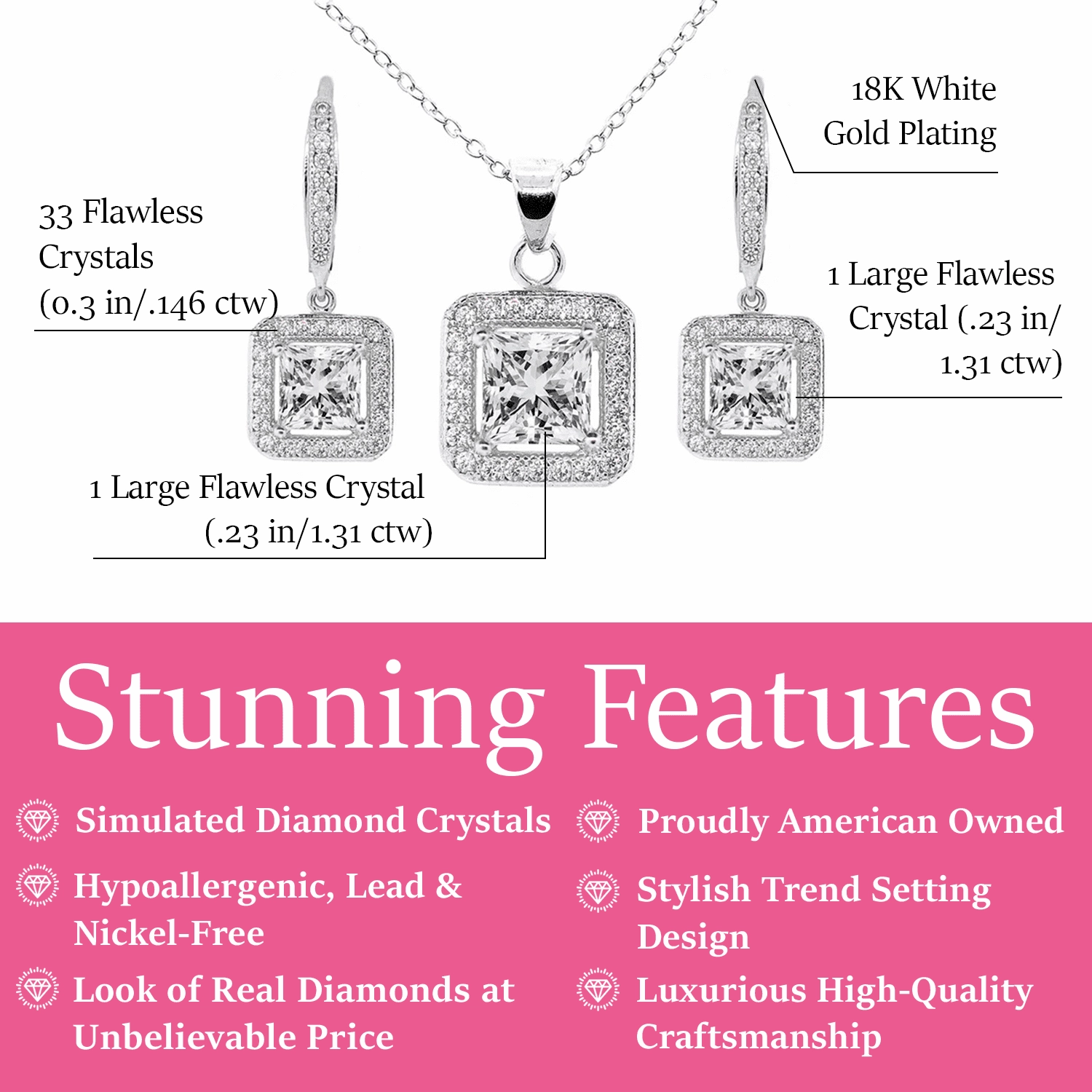Ivy 18k White Gold Plated Dangle Earring and Necklace Jewelry Set with Simulated Diamond Crystals