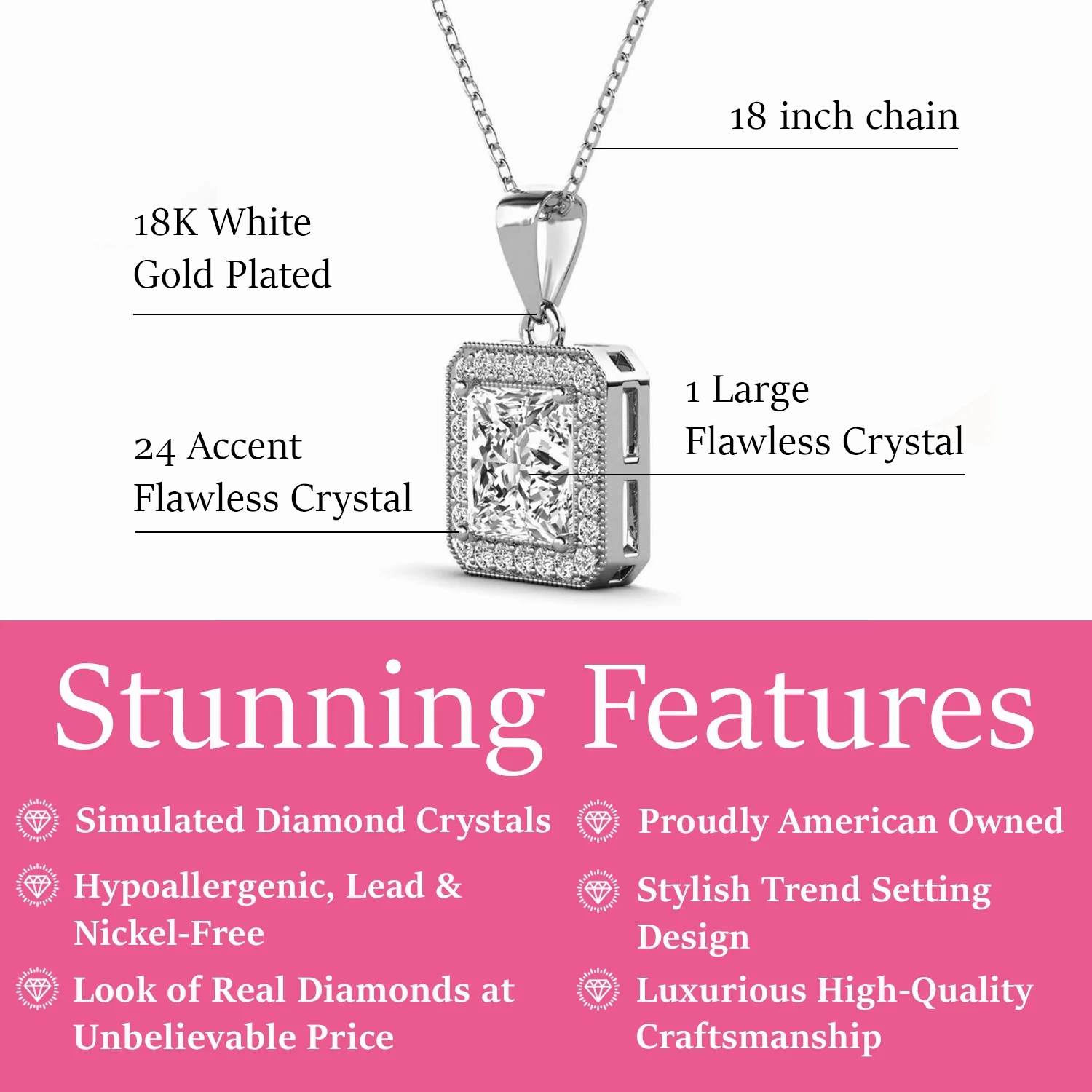 Ivy 18k White Gold Plated Halo Pendant Necklace with Simulated Diamond Crystals