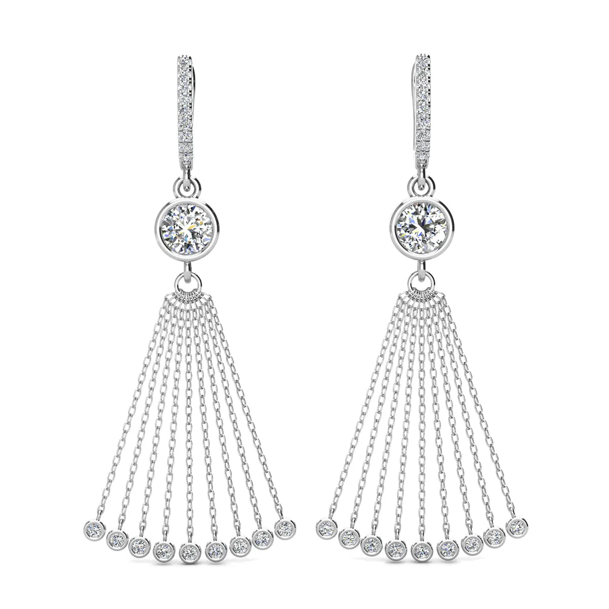Jackie 18k White Gold Plated Dangle Tassel Earrings with Simulated Diamond Crystals