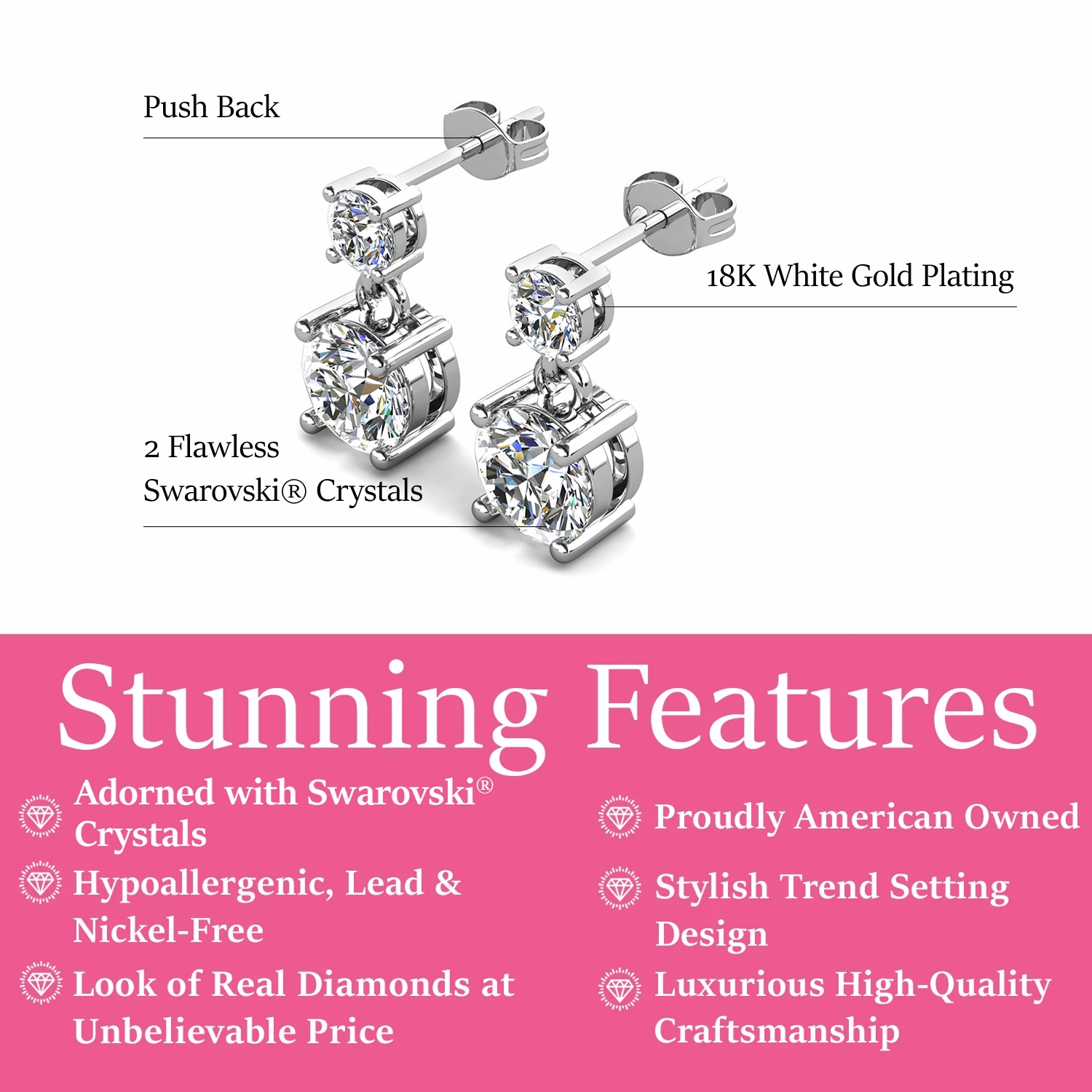 Jasmine 18k White Gold Plated Drop Earrings with Swarovski Crystals