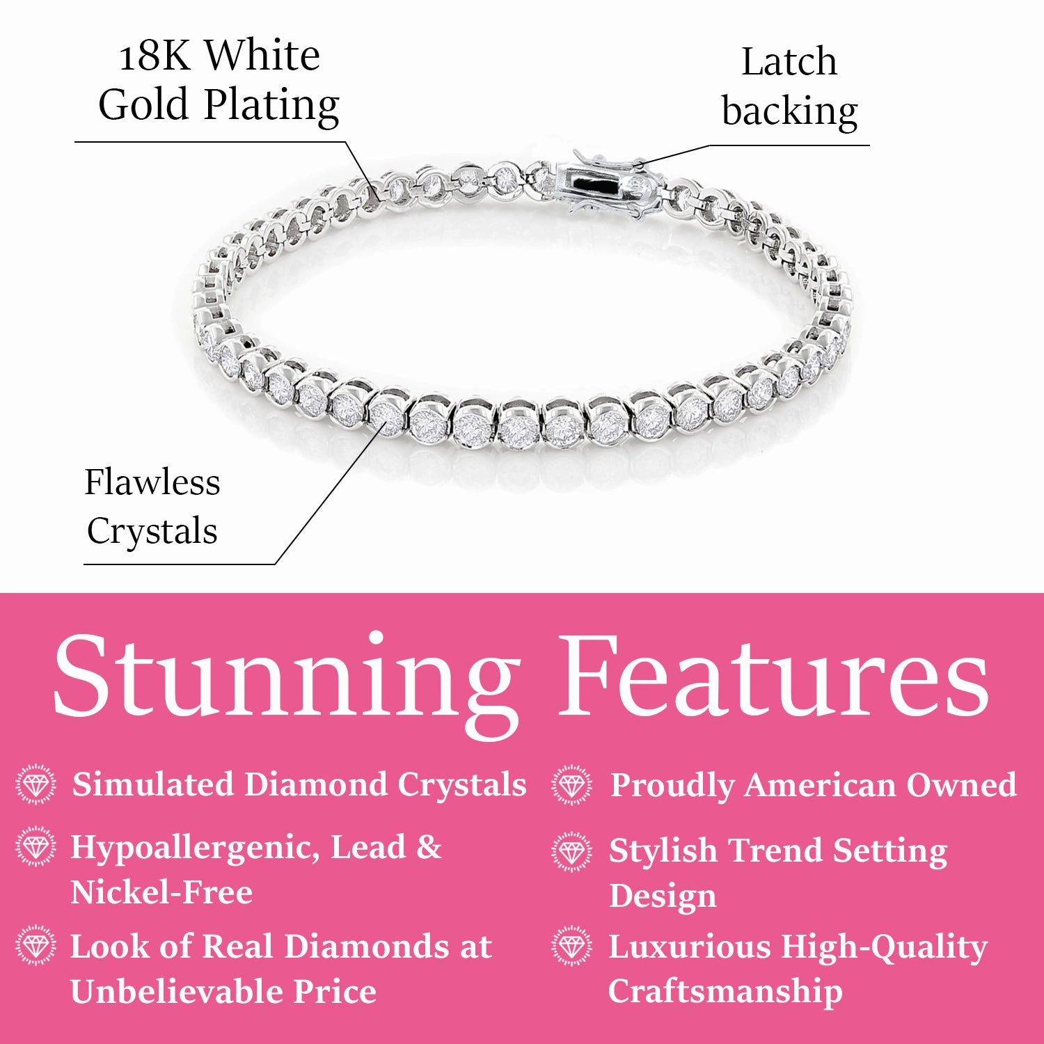 Joelle 18k White Gold Plated Tennis Bracelet with Simulated Diamond Crystals