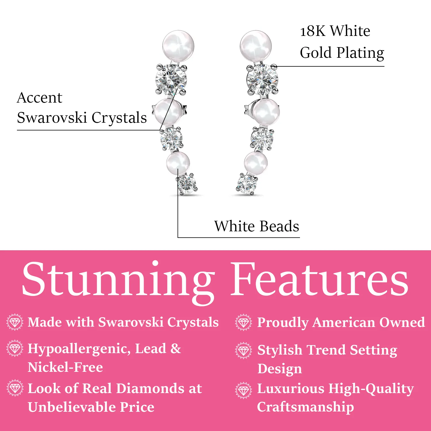 Juniper 18k White Gold Wrap Earrings White Beads with Swarovski Crystals  Final Sale