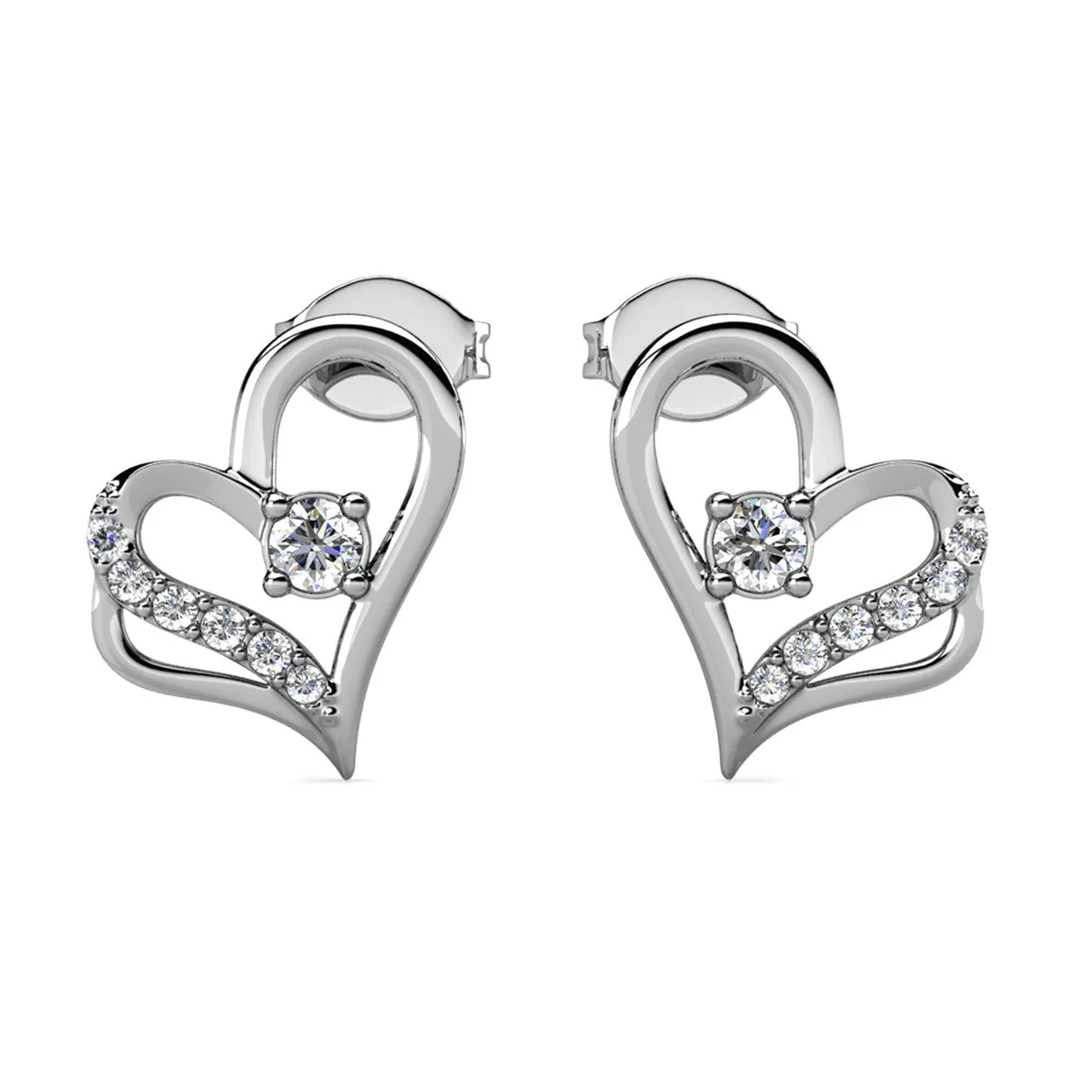 Kara 18k White Gold Plated Silver Heart Stud Earrings with Swarovski Crystals