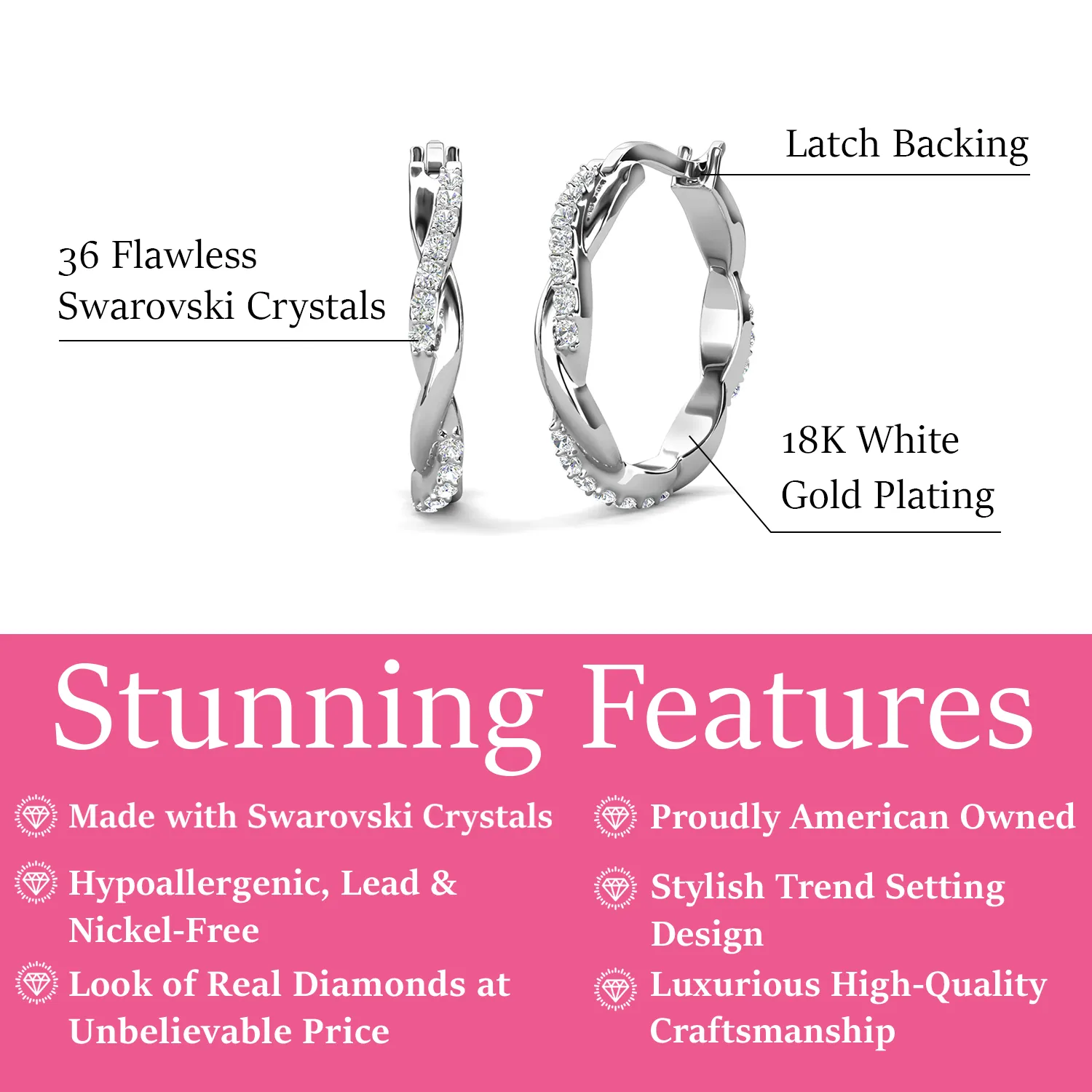 Lauren 18k White Gold Plated 22mm Twisted Hoop Earrings with Swarovski Crystals
