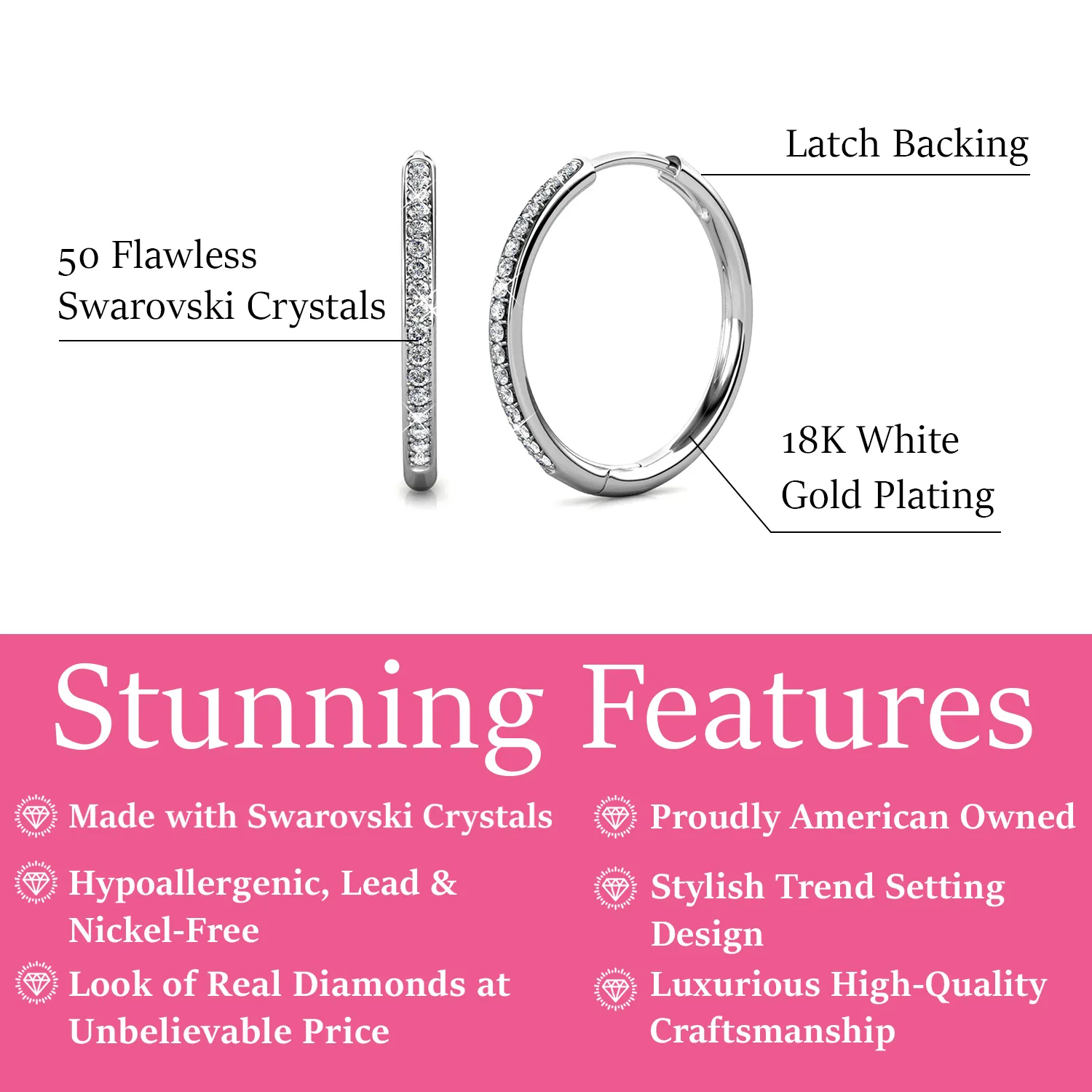 Leslie 18k White Gold Plated 10mm-40mm Hoop Earrings with Swarovski Crystals