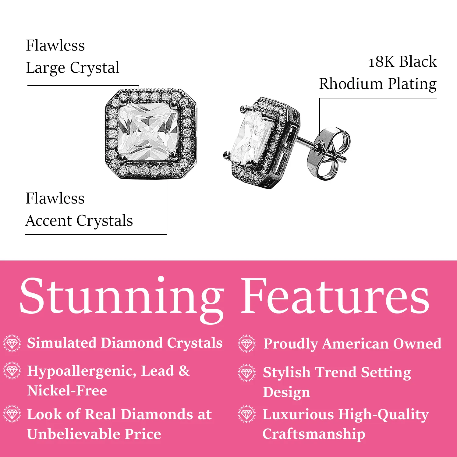 Londyn 18k White Gold Plated Princess Cut Halo Stud Earrings with Simulated Diamond Crystals  Final Sale