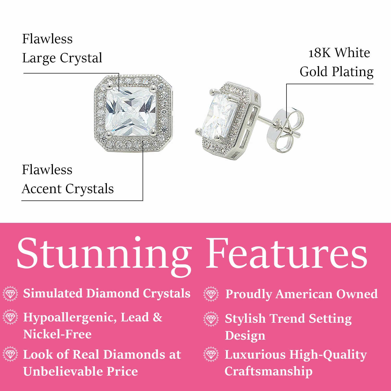 Londyn 18k White Gold Plated Princess Cut Halo Stud Earrings with Simulated Diamond Crystals