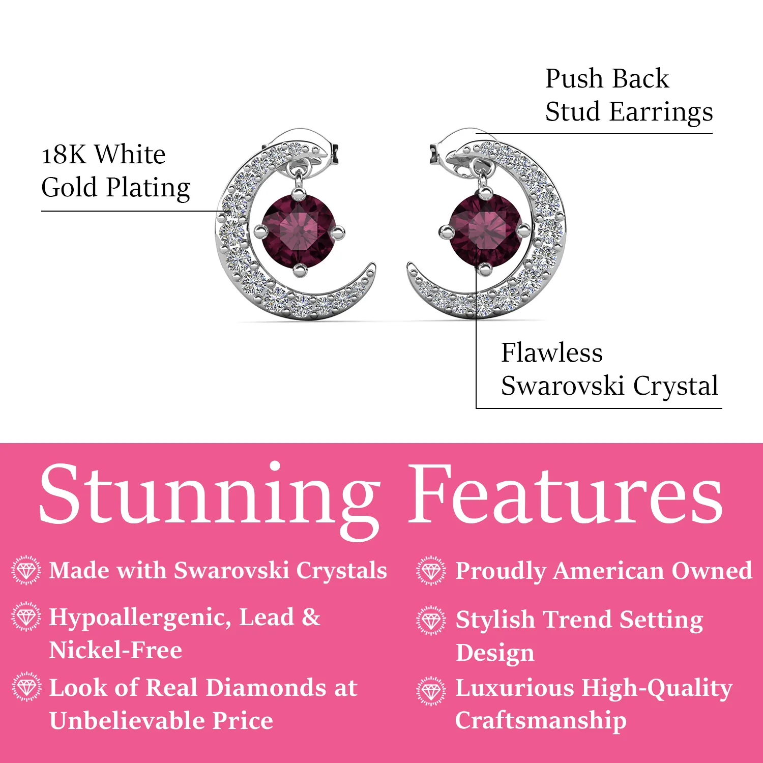 Luna Birthstone 18k White Gold Plated Crescent Stud Earrings with Round Cut Swarovski Crystals