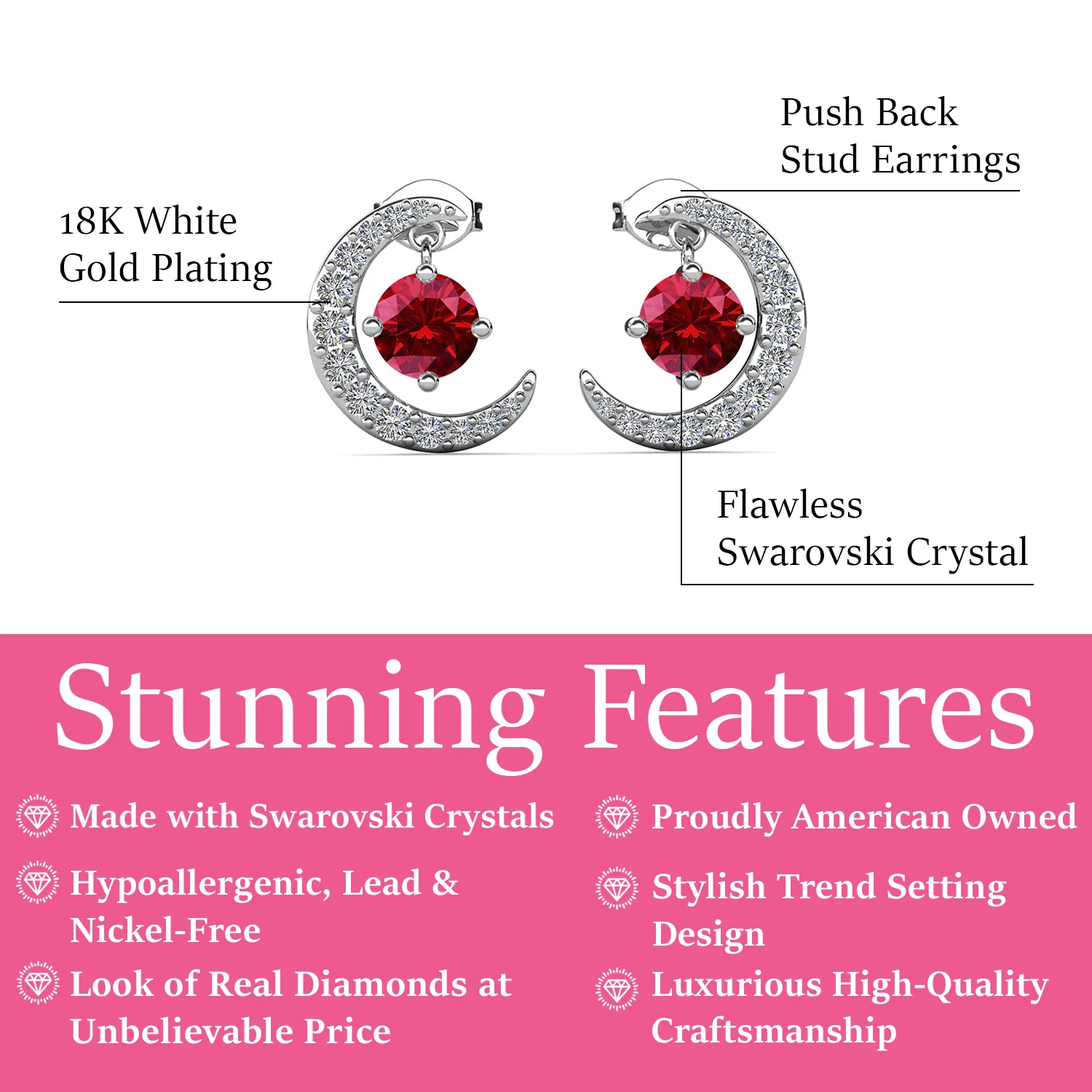 Luna Birthstone 18k White Gold Plated Crescent Stud Earrings with Round Cut Swarovski Crystals