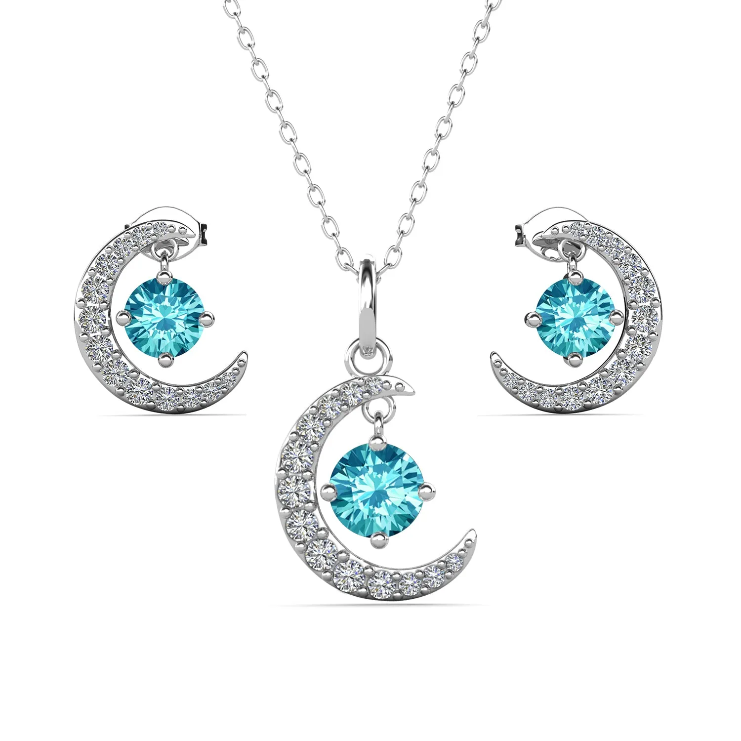 Luna Birthstone 18k White Gold Plated Silver Crescent Earrings and Necklace Set with Swarovski Crystals