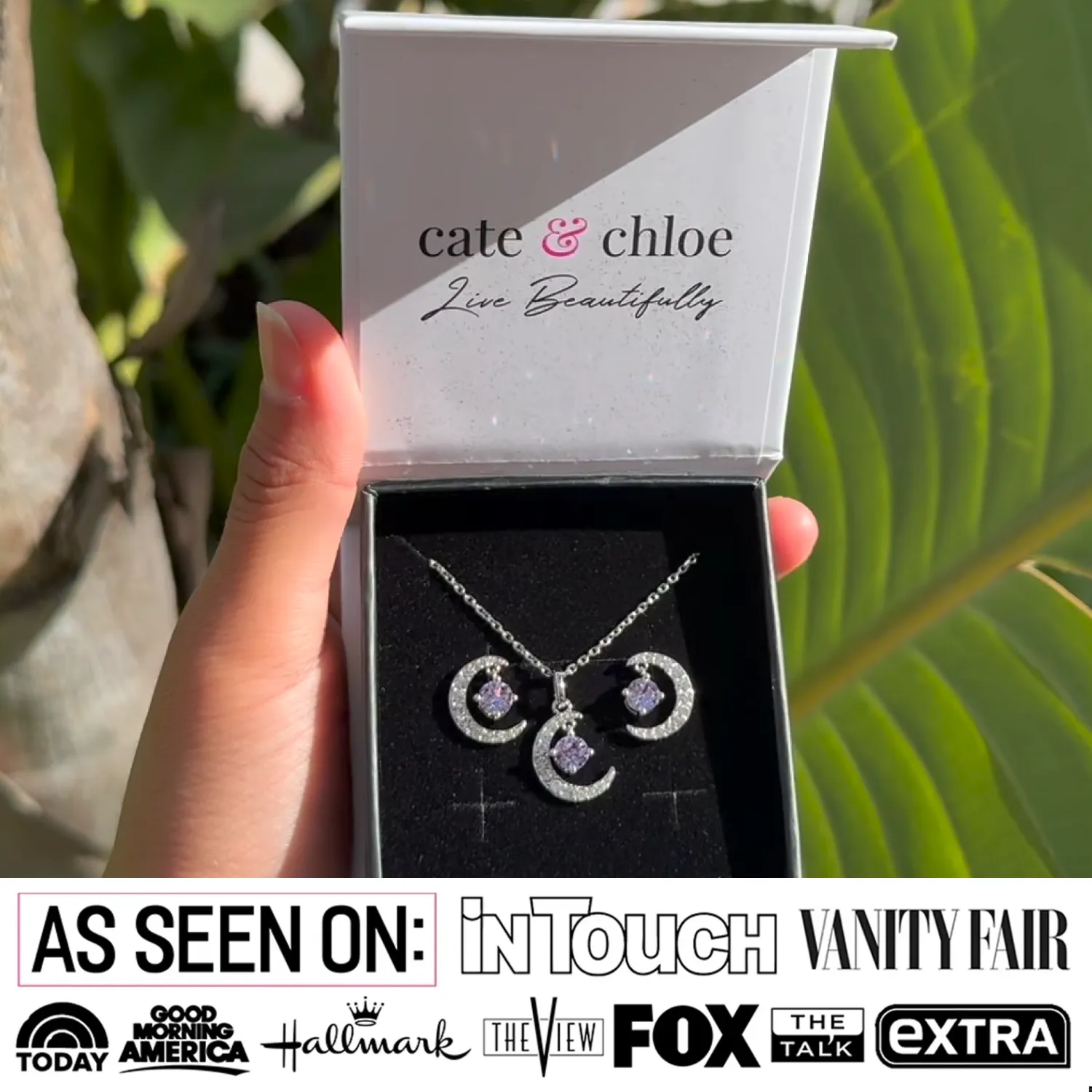 Luna Birthstone 18k White Gold Plated Silver Crescent Earrings and Necklace Set with Swarovski Crystals