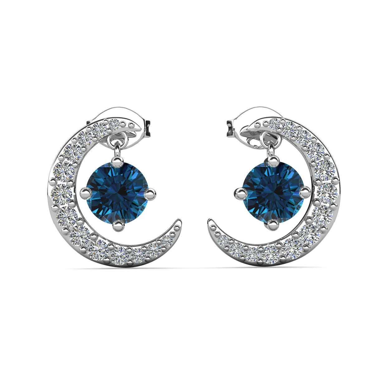 Luna December Birthstone Blue Topaz 18k White Gold Plated Crescent Stud Earrings with Round Cut Swarovski Crystals