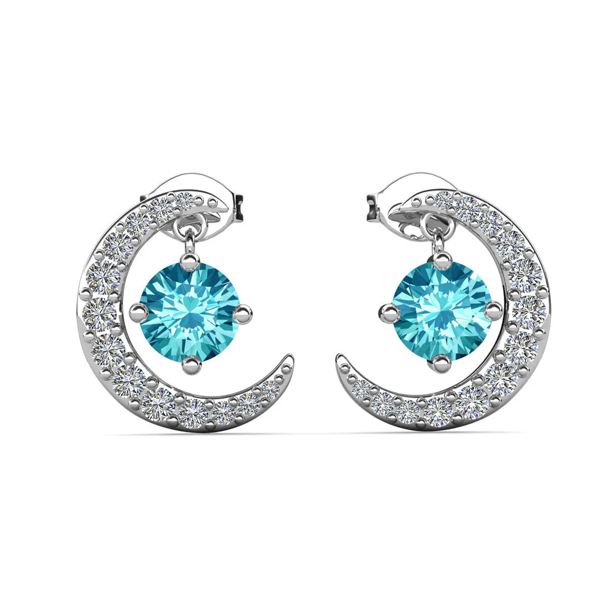 Luna March Birthstone Aquamarine Earrings 18k White Gold Plated Crescent Stud Earrings with Round Cut Swarovski Crystals