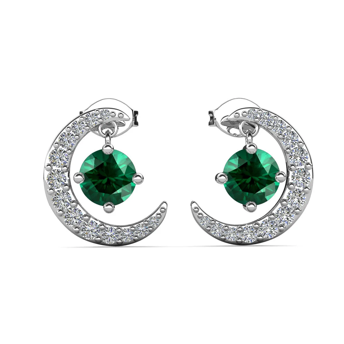 Luna May Birthstone Emerald Earrings 18k White Gold Plated Crescent Stud Earrings with Round Cut Swarovski Crystals