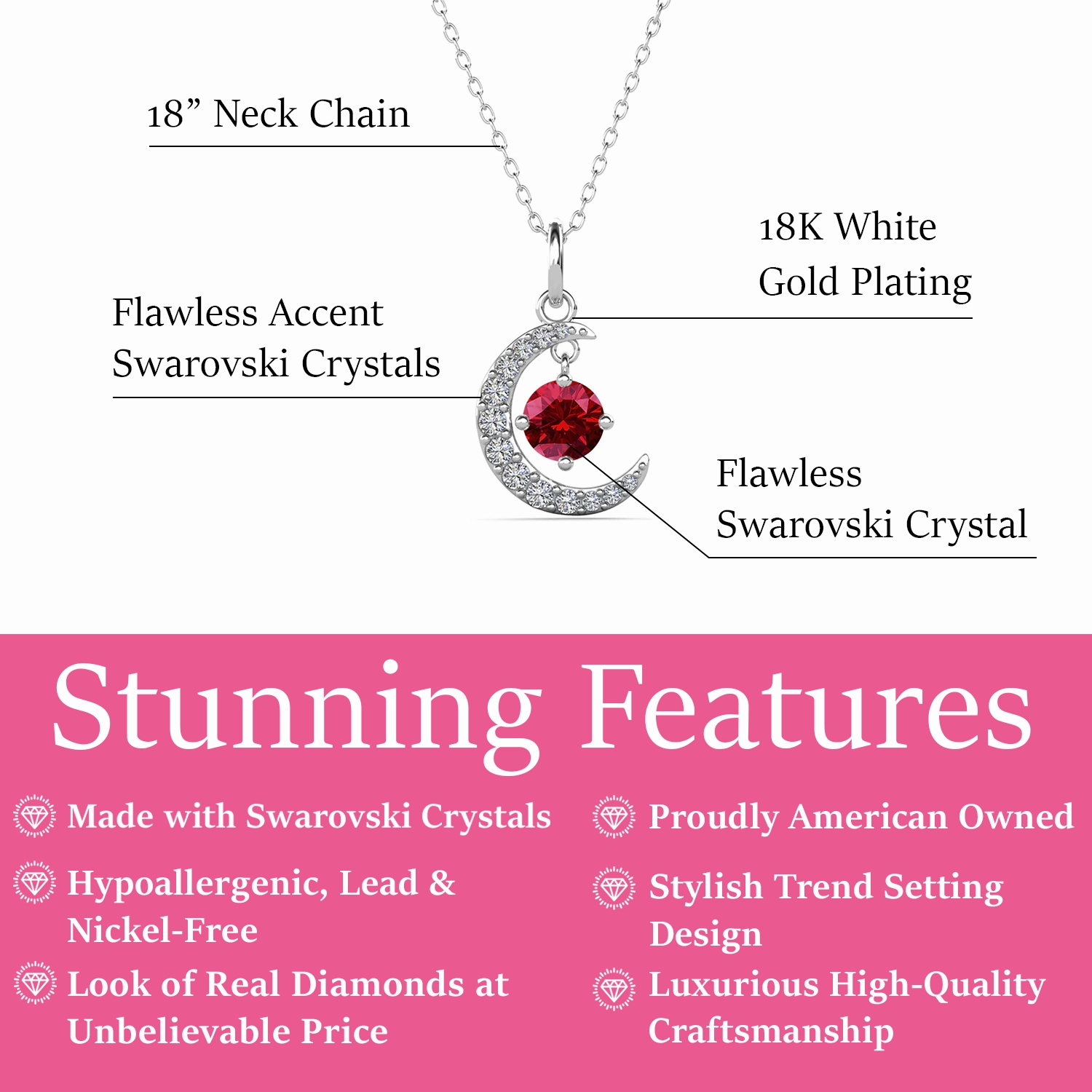 Luna Birthstone Necklace 18k White Gold Plated Crescent Pendant Necklace with Round Cut Swarovski Crystals