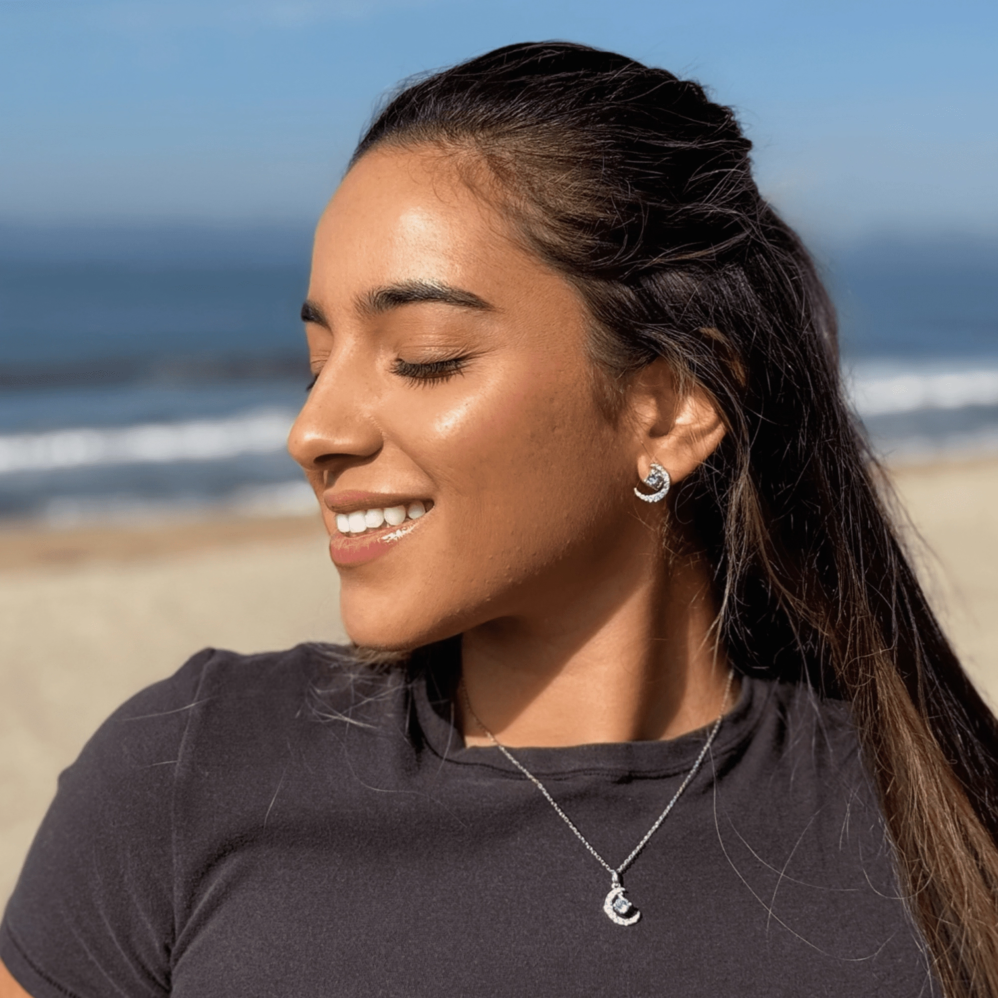 Luna Birthstone Necklace 18k White Gold Plated Crescent Pendant Necklace with Round Cut Swarovski Crystals