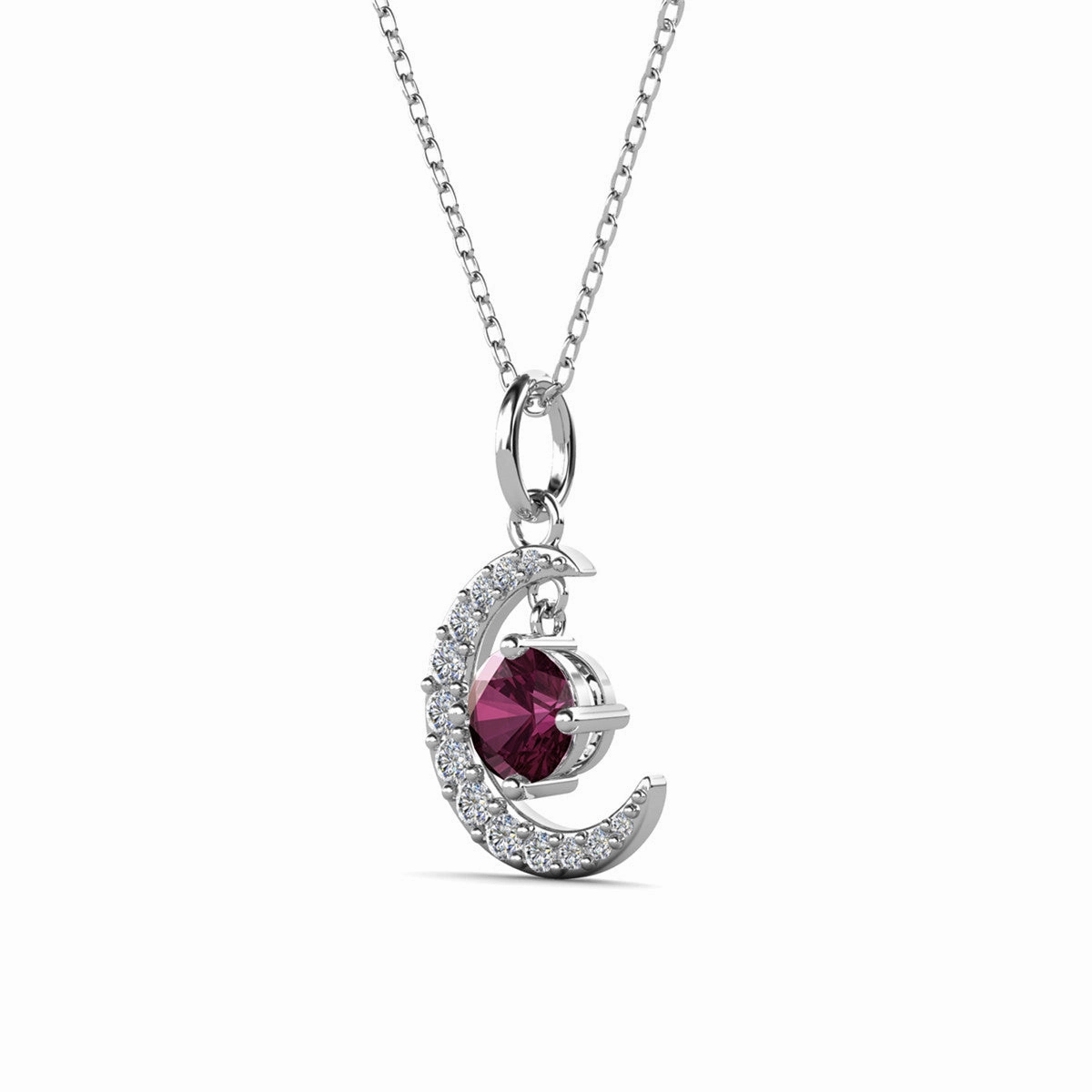 Luna Birthstone Necklace 18k White Gold Plated Crescent Pendant Necklace with Round Cut Swarovski Crystals