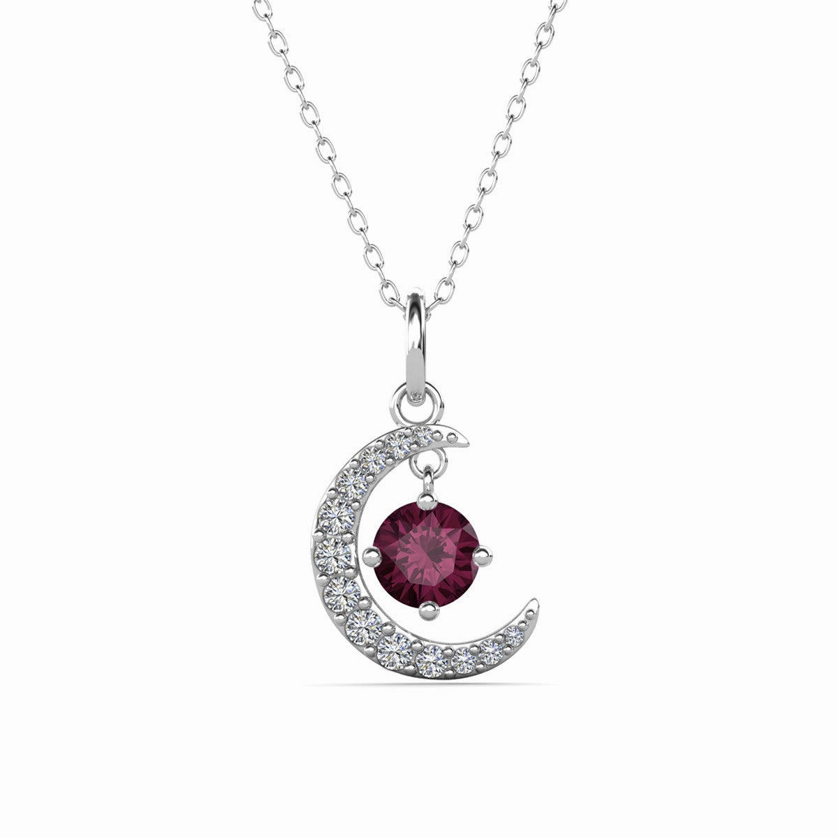 Luna February Birthstone Amethyst Necklace 18k White Gold Plated Crescent Pendant Necklace with Round Cut Swarovski Crystals