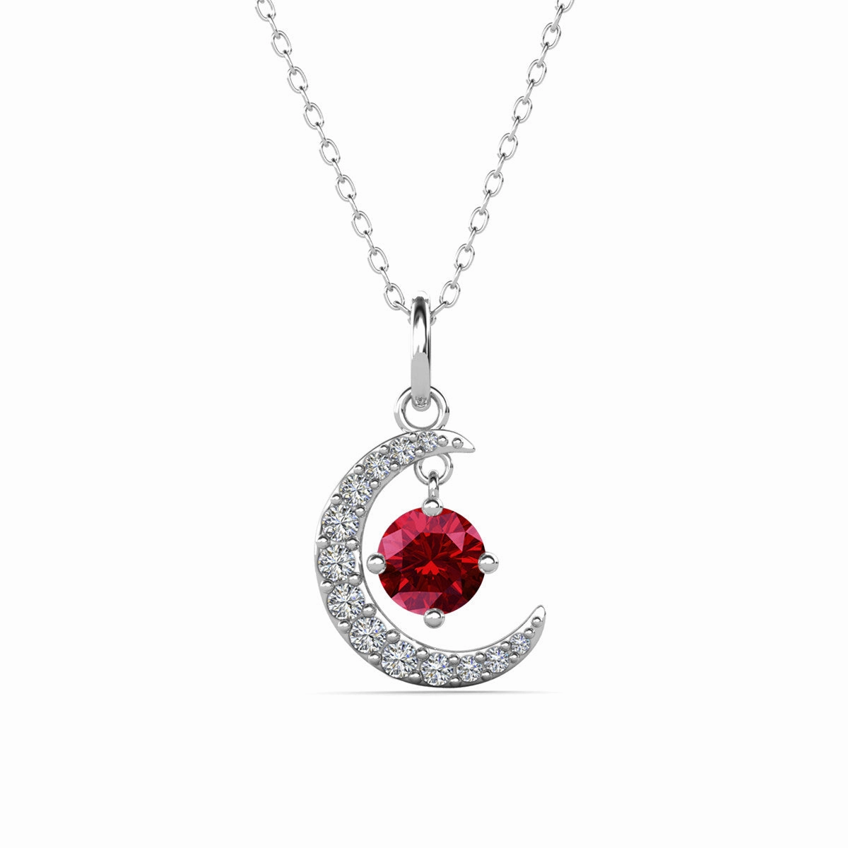Luna January Birthstone Garnet Necklace 18k White Gold Plated Crescent Pendant Necklace with Round Cut Swarovski Crystals