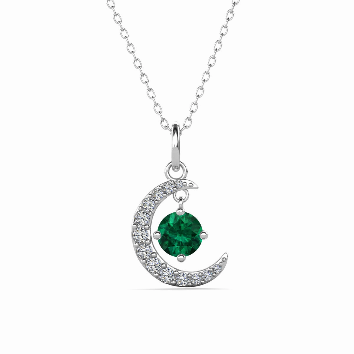Luna May Birthstone Emerald Necklace 18k White Gold Plated Crescent Pendant Necklace with Round Cut Swarovski Crystals