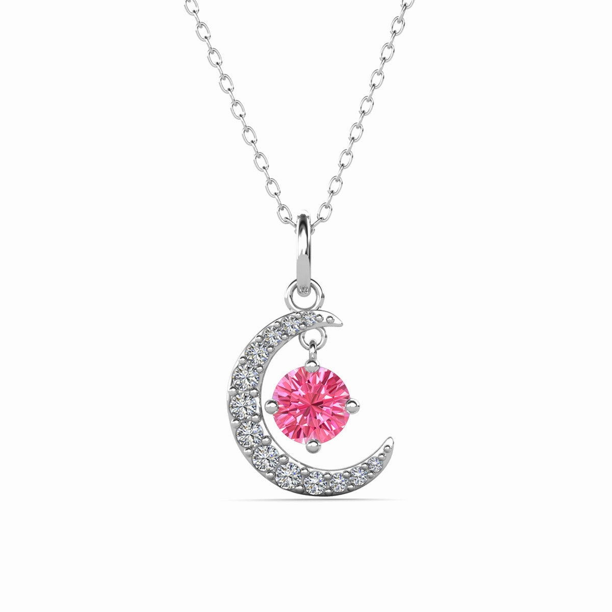Luna October Birthstone Pink Tourmaline Necklace 18k White Gold Plated Crescent Pendant Necklace with Round Cut Swarovski Crystals