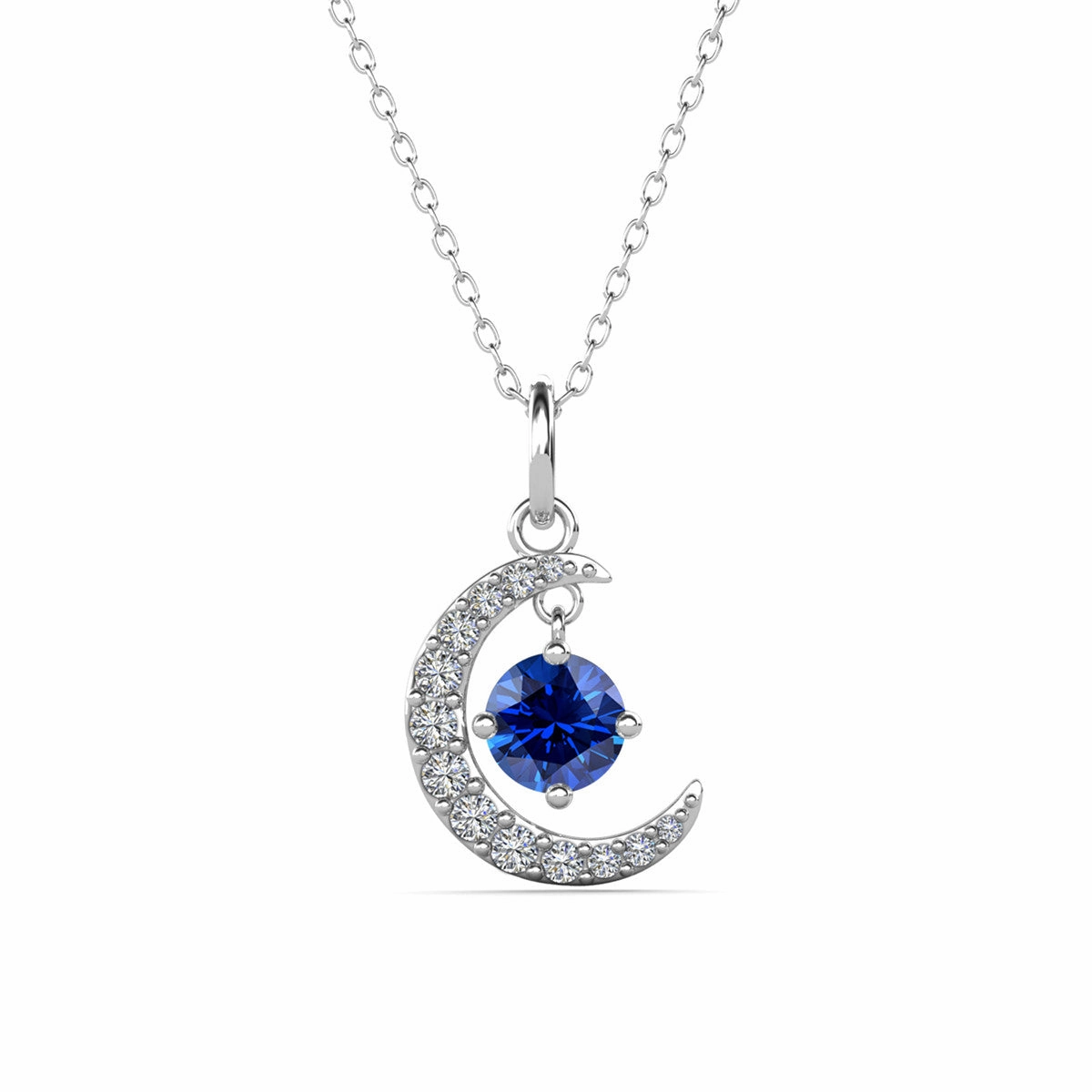 Luna September Birthstone Sapphire Necklace 18k White Gold Plated Crescent Pendant Necklace with Round Cut Swarovski Crystals