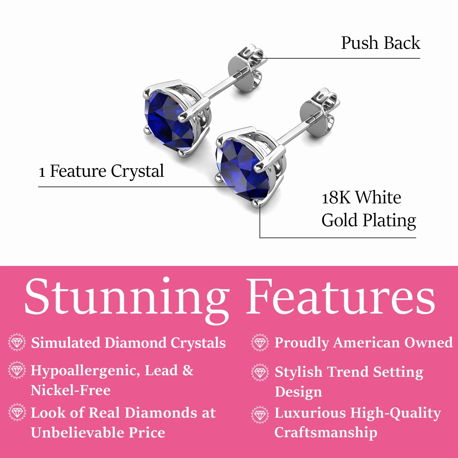 Magnolia 18k White Gold Plated Solitaire Stud Earrings with 1ct Simulated Diamond Crystals