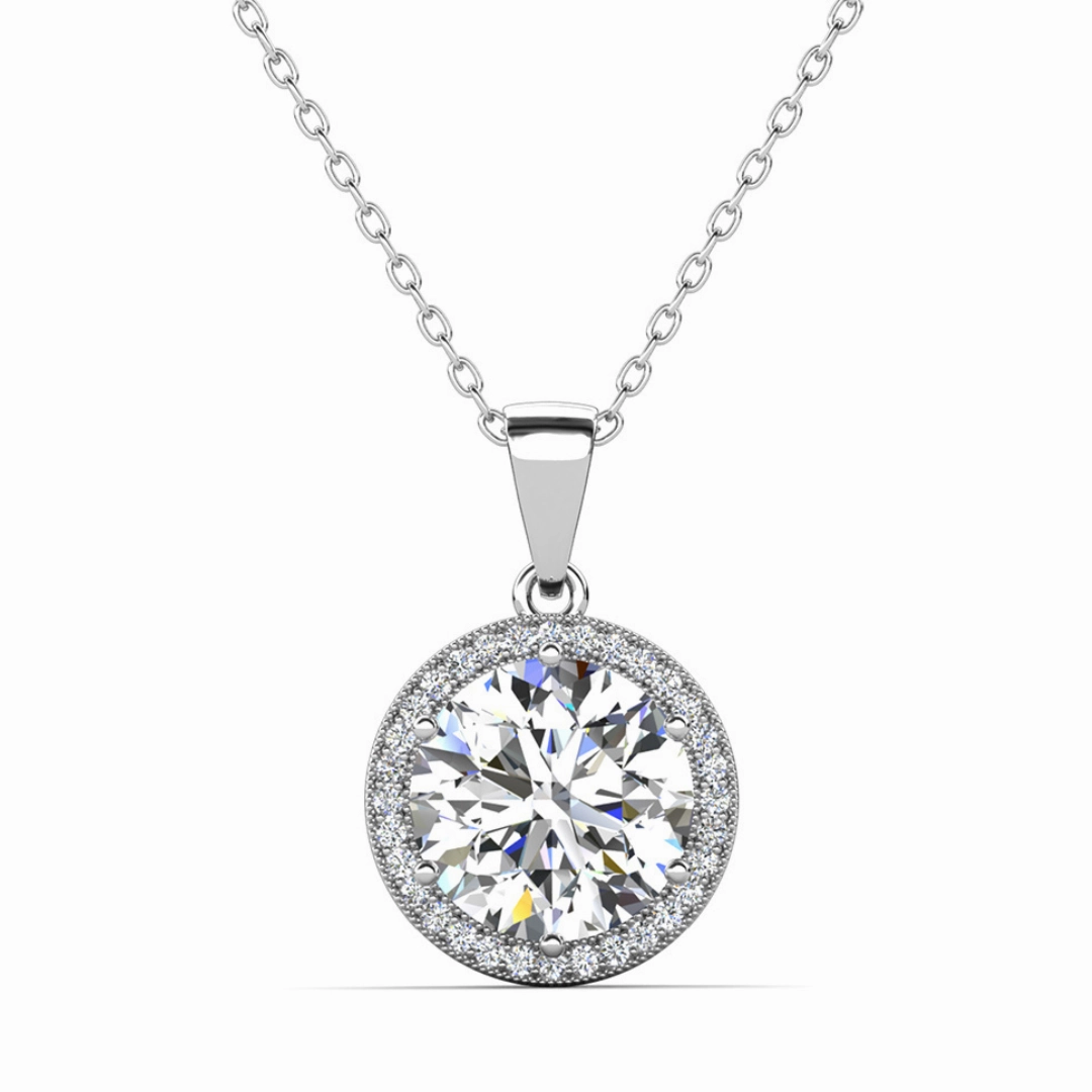 Mariah 18k White Gold Plated Halo Pendant Necklace with Round Cut Simulated Diamond Crystals