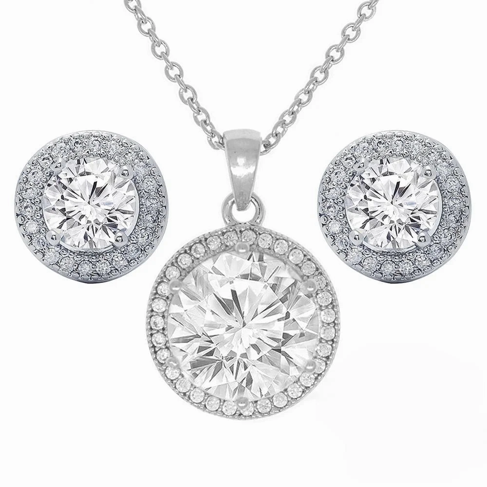 Mariah 18k White Gold Plated Halo Stud Earring and Necklace Jewelry Set with Simulated Diamond Crystals