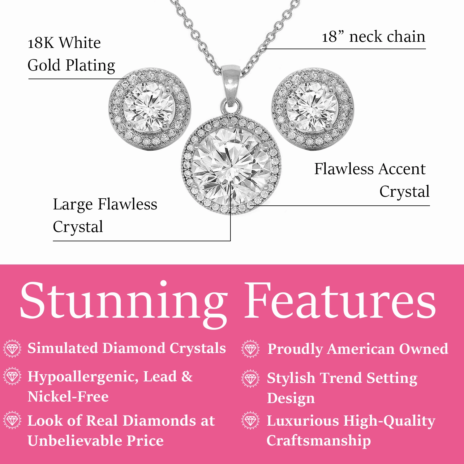 Mariah 18k White Gold Plated Halo Stud Earring and Necklace Jewelry Set with Simulated Diamond Crystals