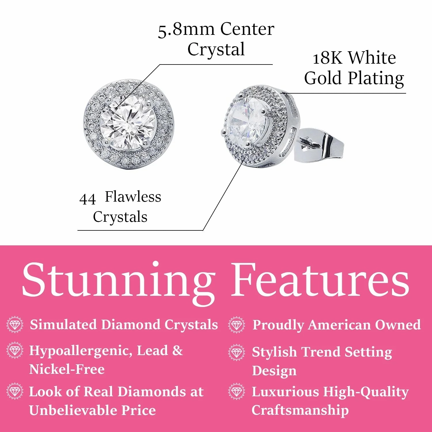 Mariah 18k White Gold Plated Halo Stud Earrings with Round Cut Simulated Diamond Crystals