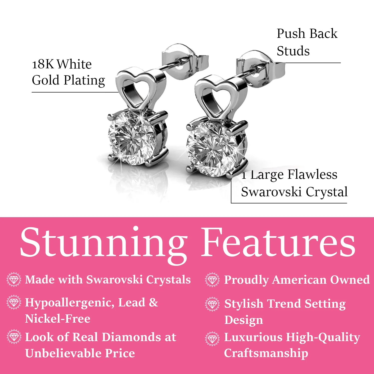 Marian 18k White Gold Heart Earrings with Round Cut Swarovski Crystal
