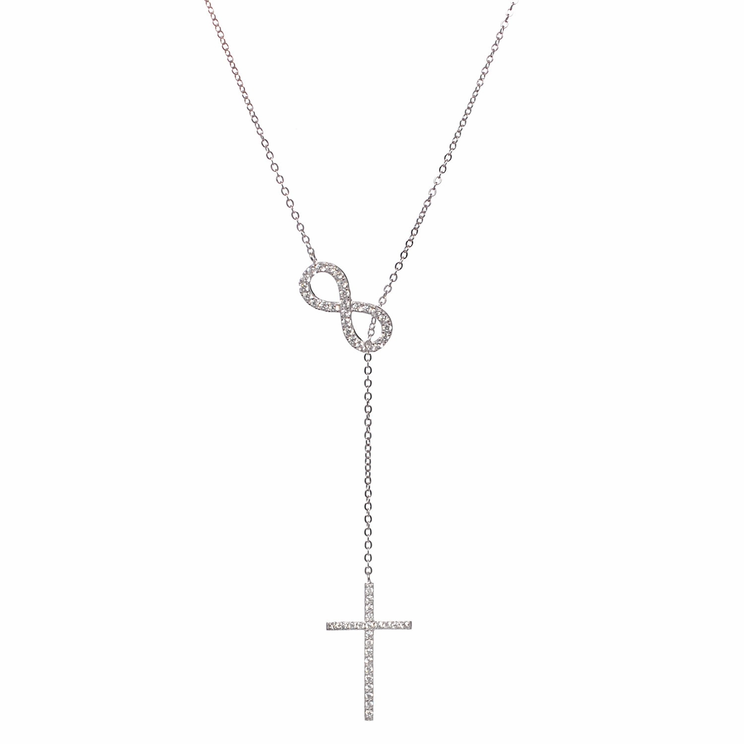 Mary Sterling Silver Infinity Cross Y-Necklace with  Simulated Diamond Crystals