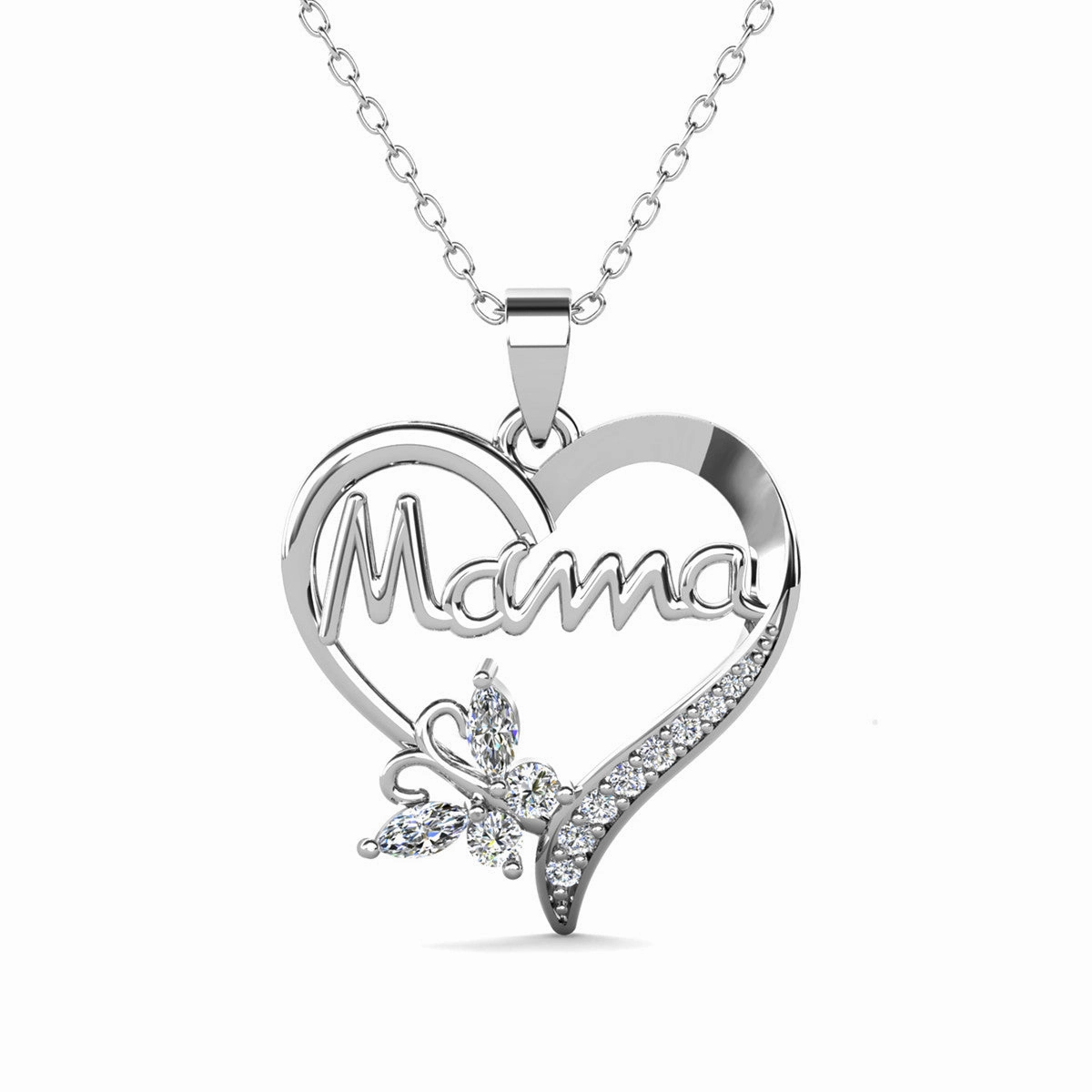Mavis 18k White Gold Plated Mama Heart Pendant Necklace with Swarovski Crystals