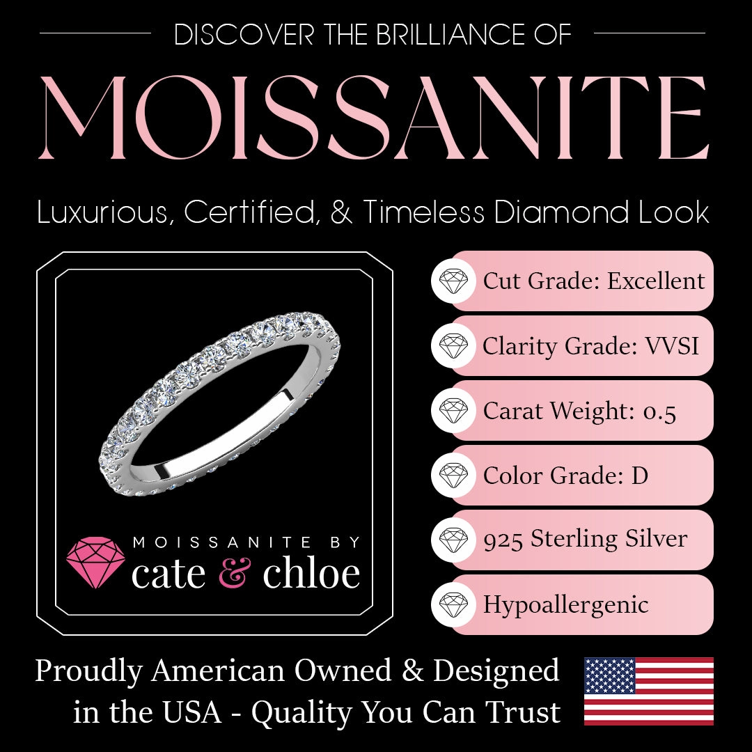 Moissanite by Cate & Chloe Sadie 0.09tcw Round Cut 925 Sterling Silver 18K White Gold Plated Wedding Band