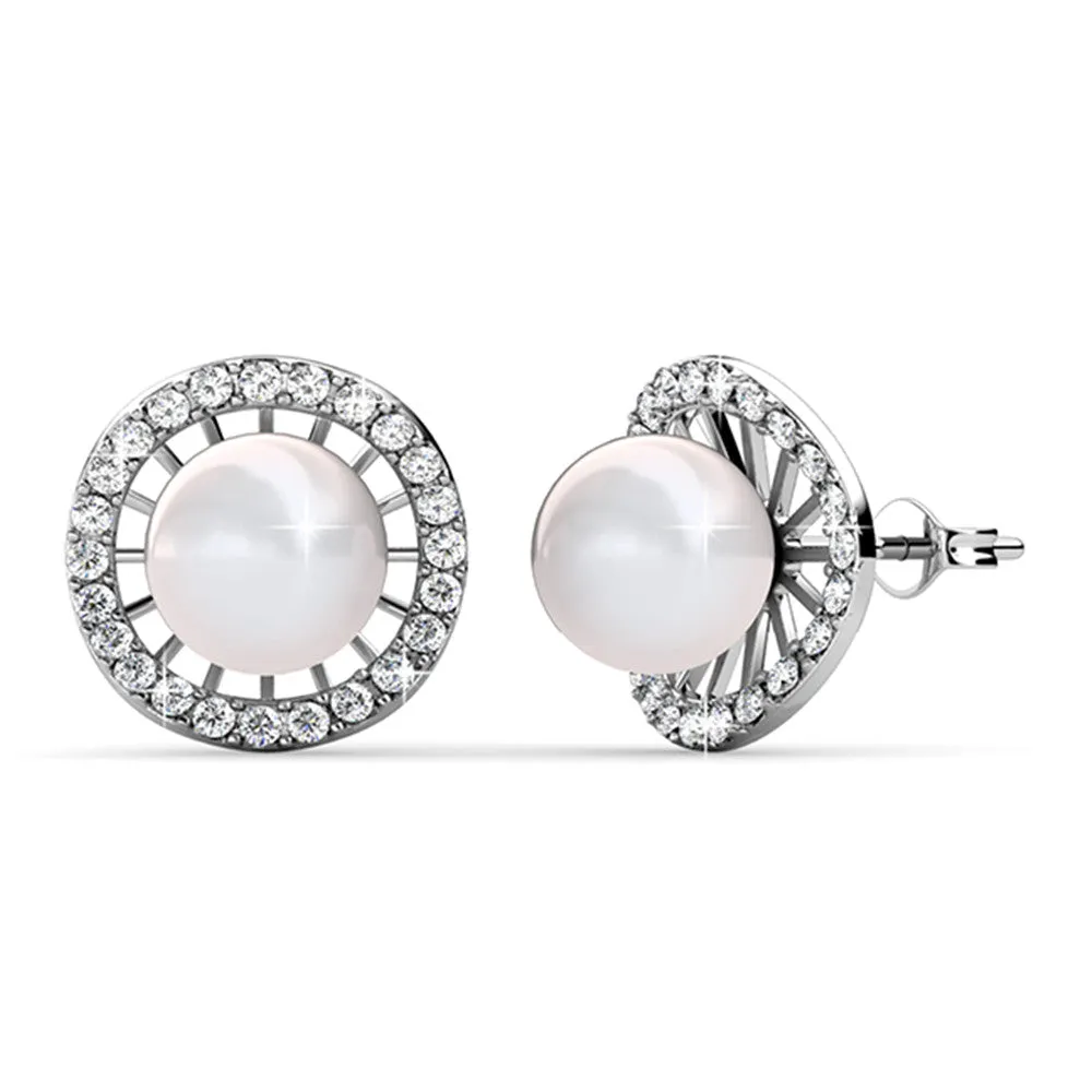 Nina 18k White Gold Plated Pearl Halo Stud Earrings with Swarovski Crystals