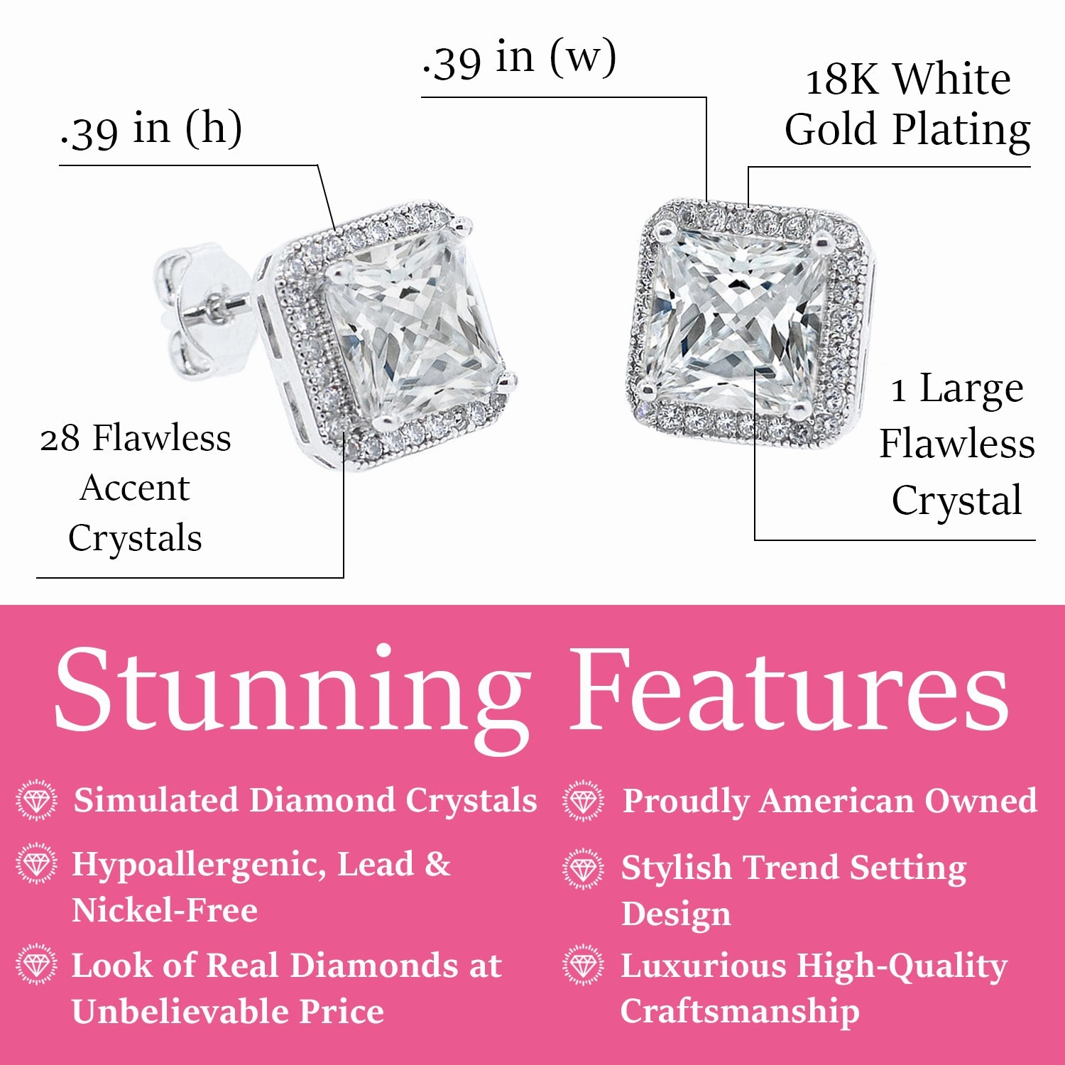 Norah 18k White Gold Plated Princess Cut Halo Stud Earrings with Simulated Diamond Crystals