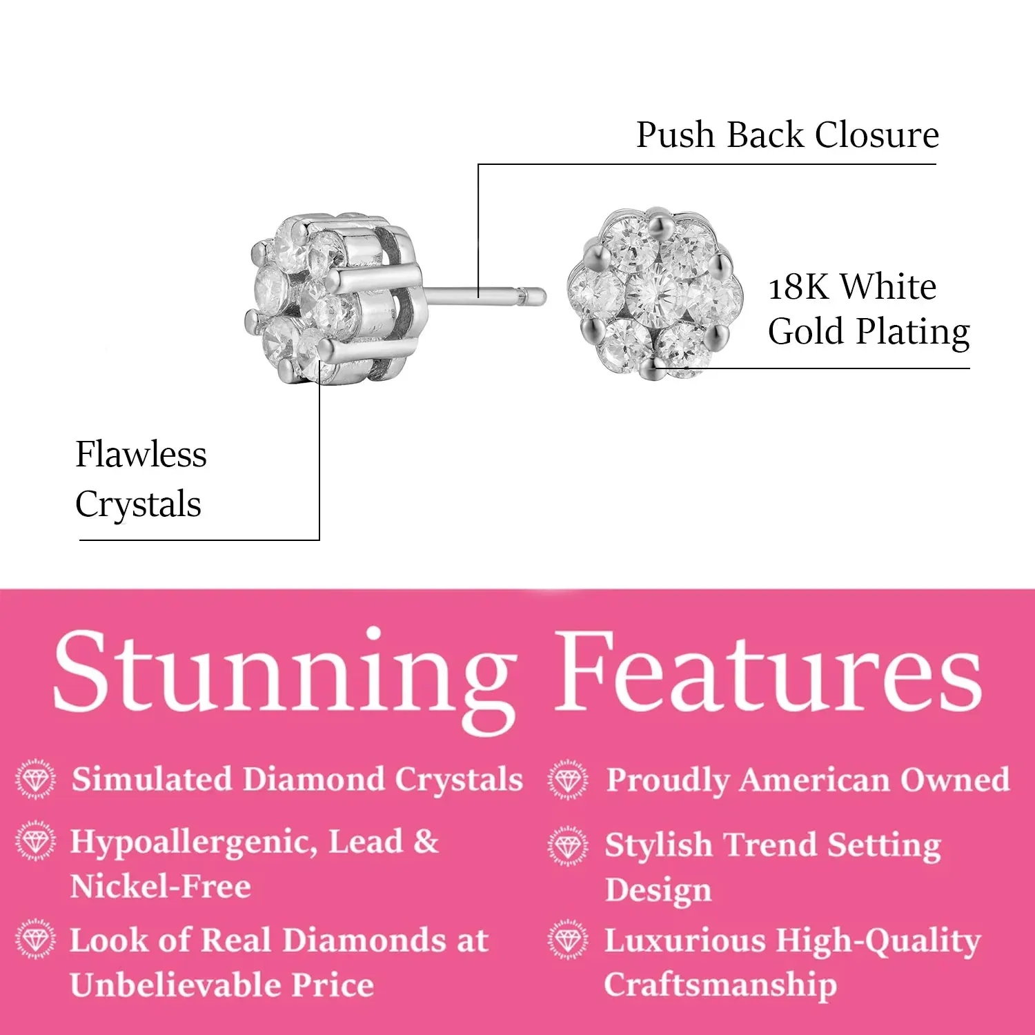 Nova 18k White Gold Plated Stud Earrings with Simulated Diamond Crystals  Final Sale