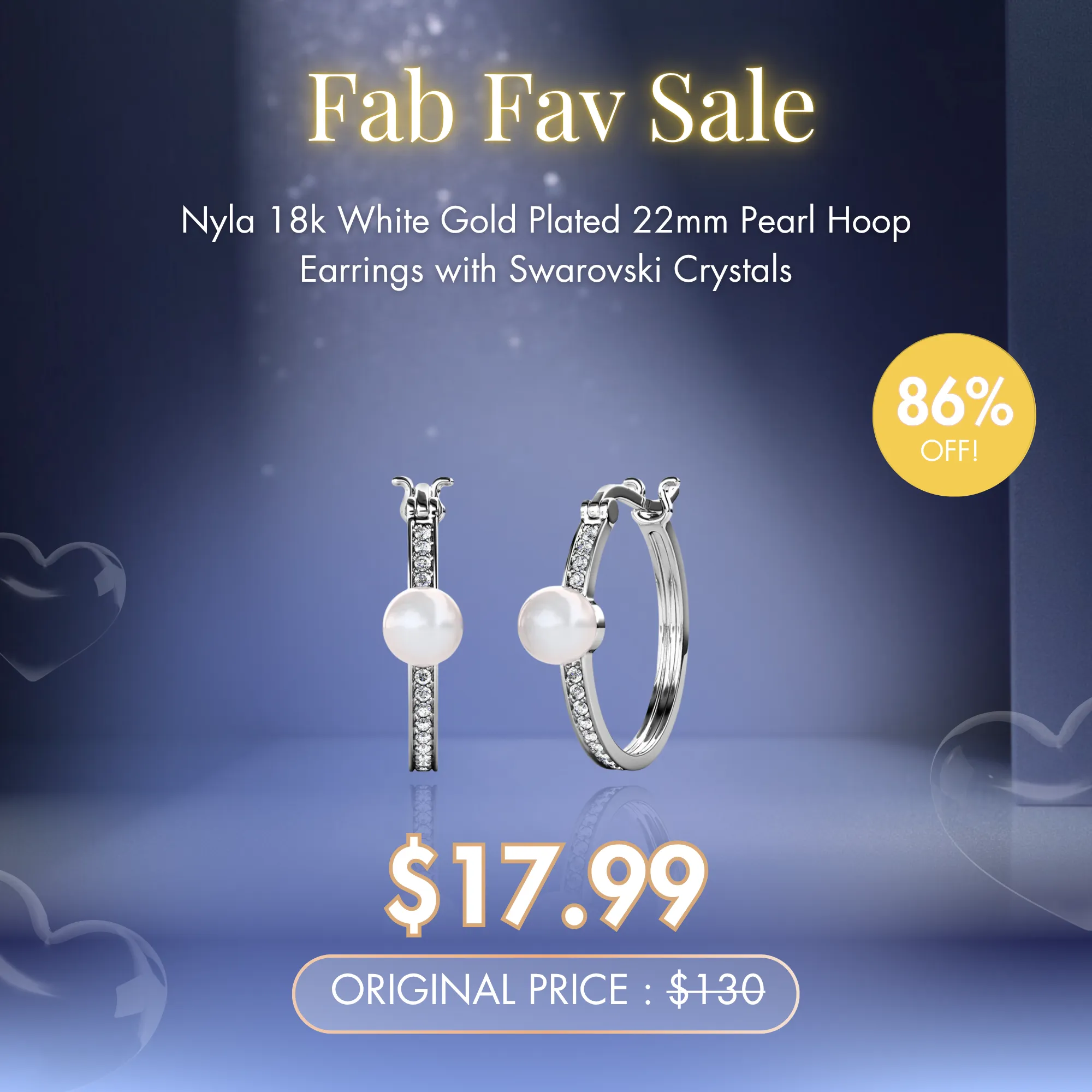 Nyla 18k White Gold Plated 22mm Pearl Hoop Earrings with Swarovski Crystals   Fab Fav Sale