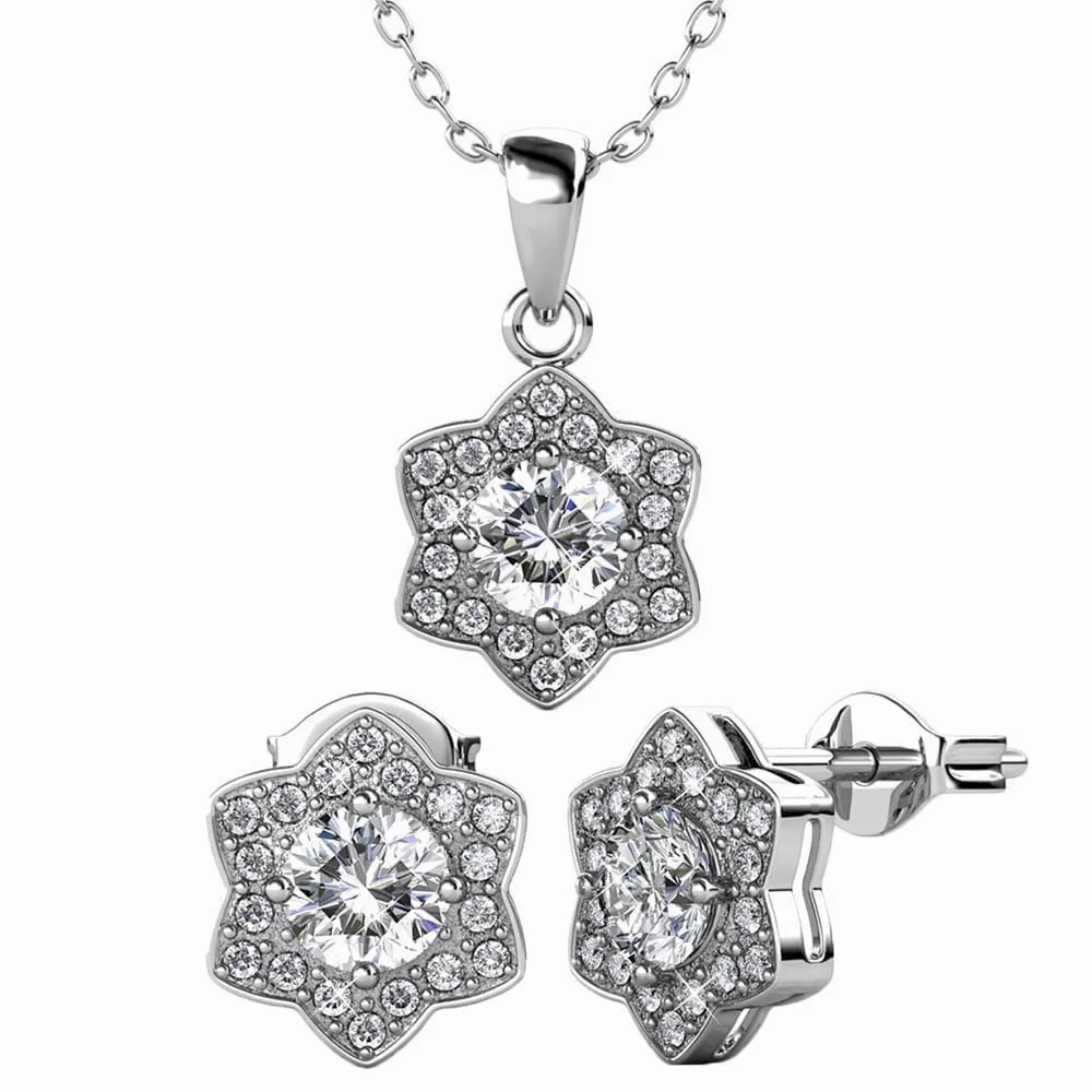 Poppy 18k White Gold Plated Pendant Necklace & Stud Earrings Set with Simulated Diamond Crystals