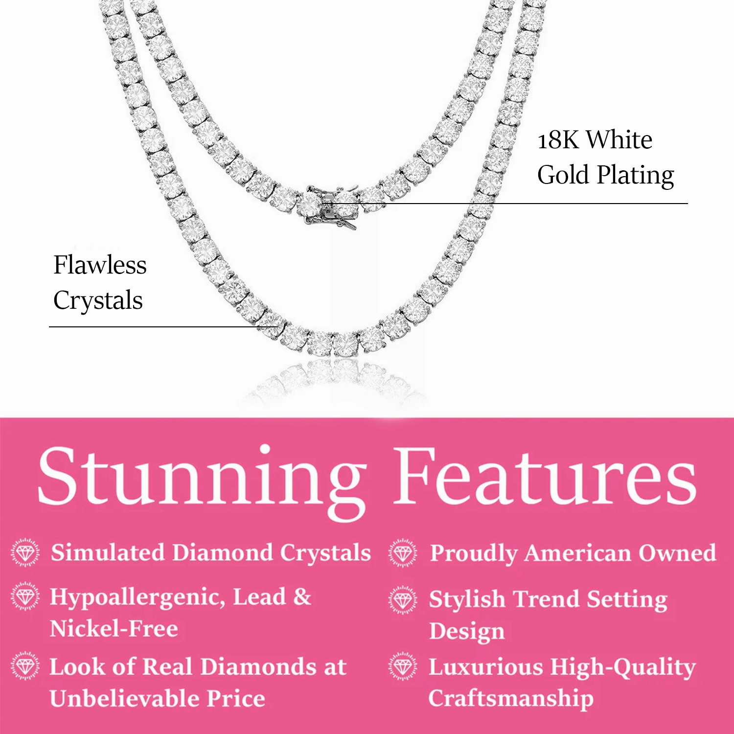 Priscilla 18k White Gold Plated Tennis Necklace with Simulated Diamond Crystals