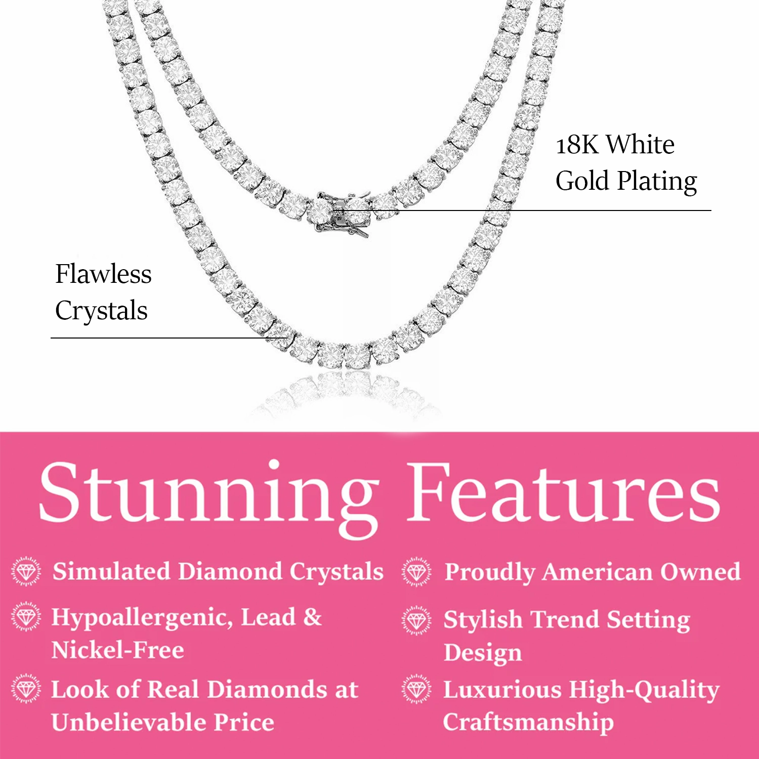 Priscilla 18k White Gold Plated Tennis Necklace with Simulated Diamond Crystals