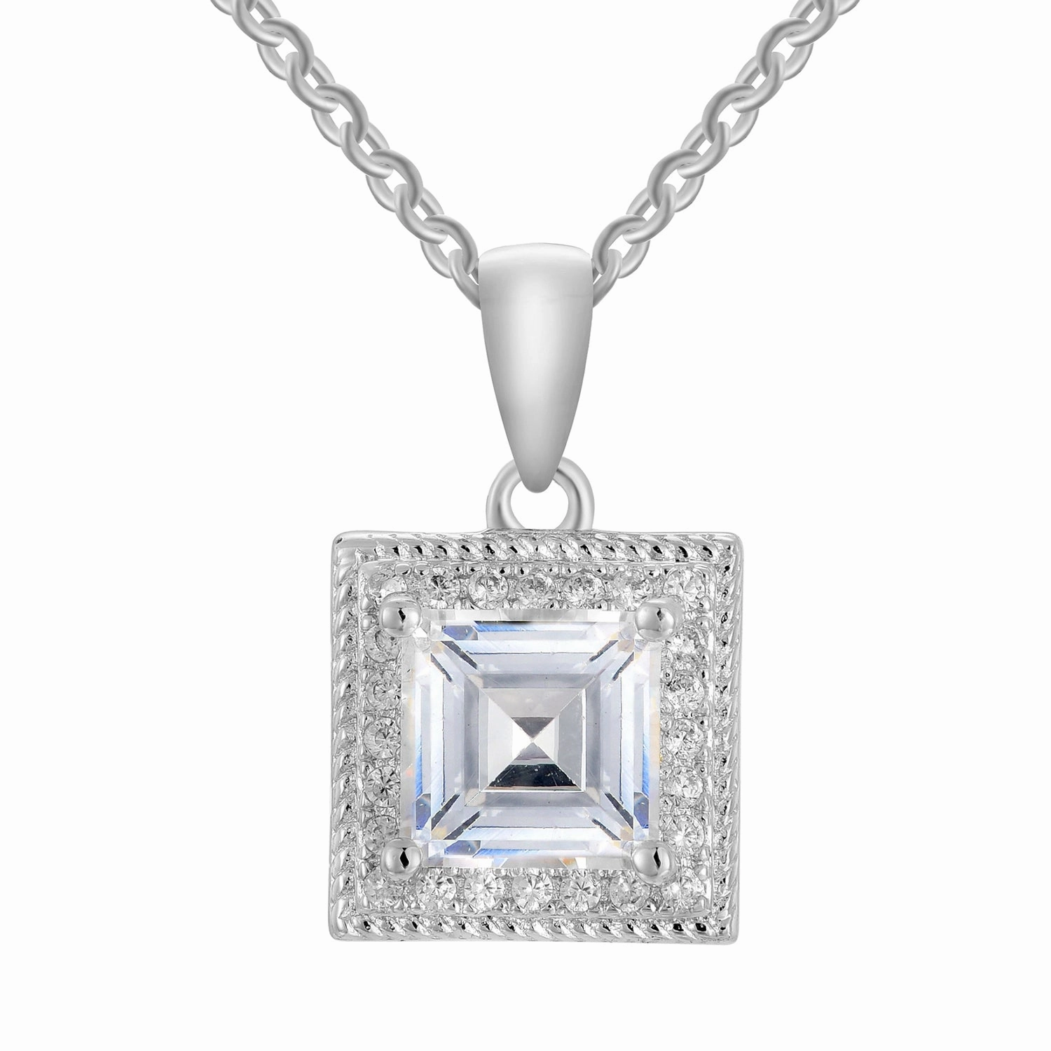 Rebecca 18k White Gold Plated Silver Necklace with Princess Cut Simulated Diamond Crystals  Final Sale