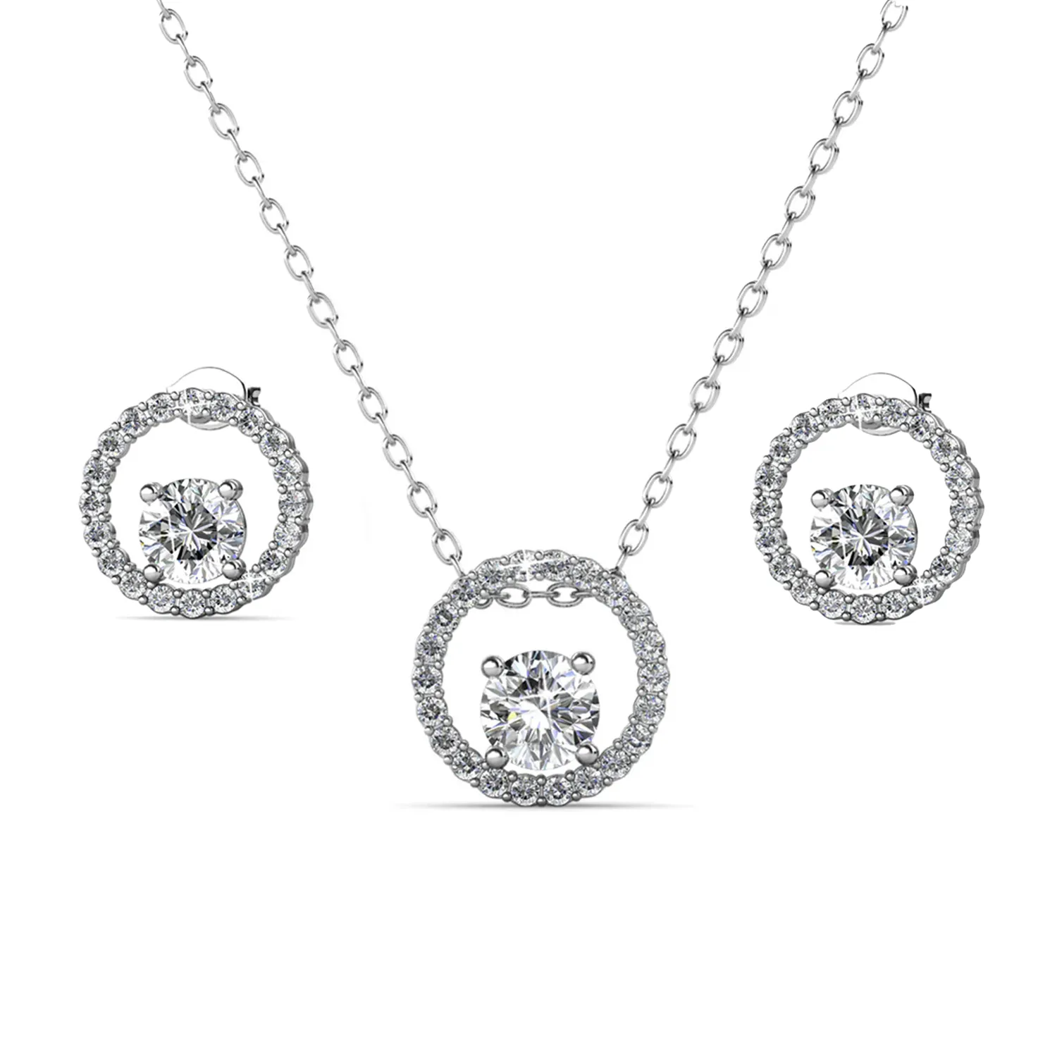 Reign 18k White Gold Plated Halo Necklace and Earrings Jewelry Set with Swarovski Crystals