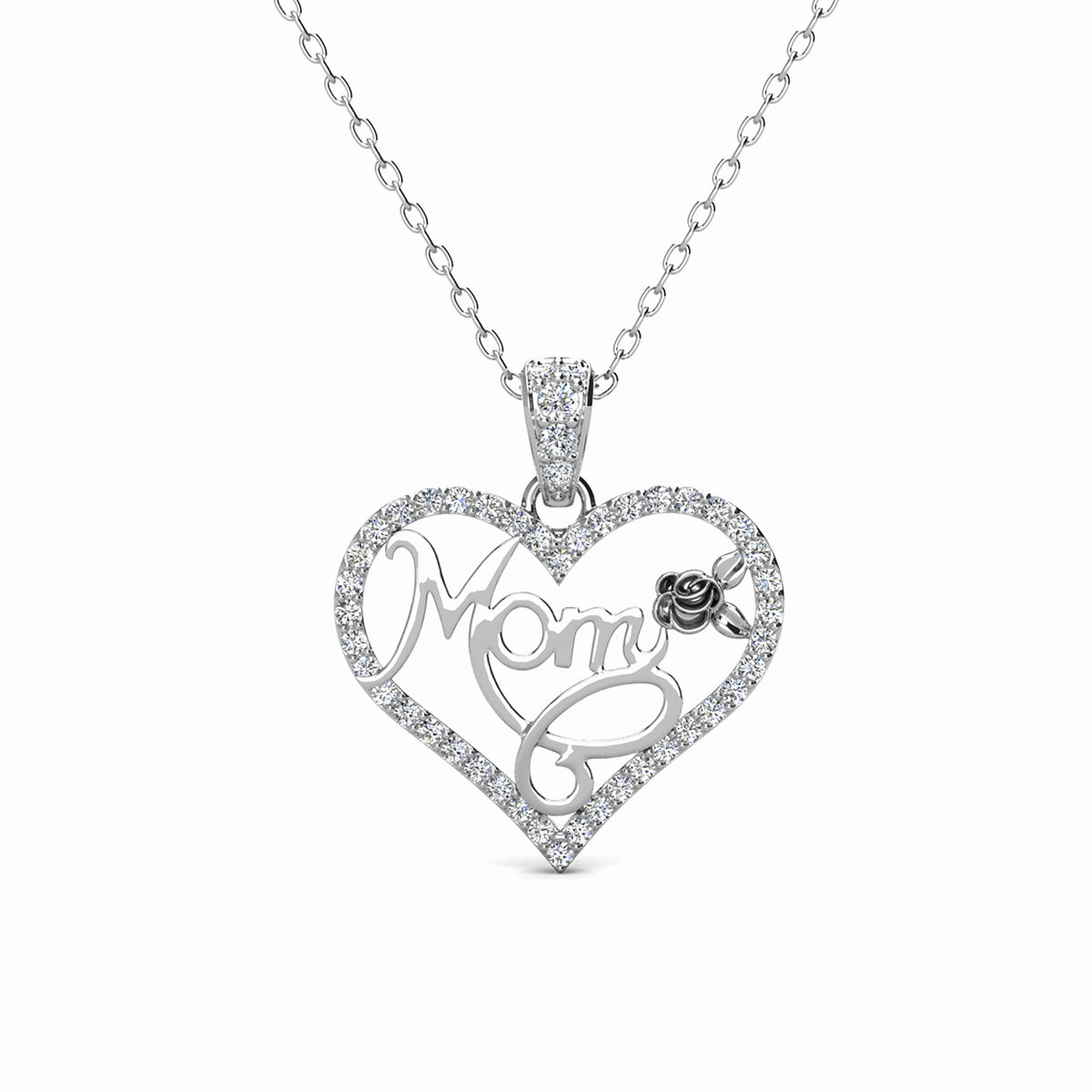 Rhonda 18k White Gold Plated Mom Heart Necklace with Swarovski Crystals