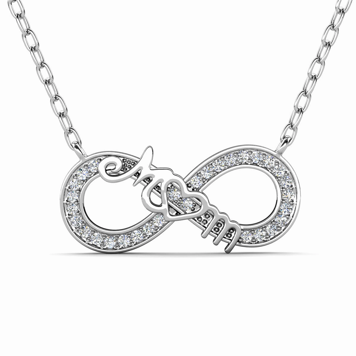 Robin 18k White Gold Plated Mom Infinity Necklace with Swarovski Crystals